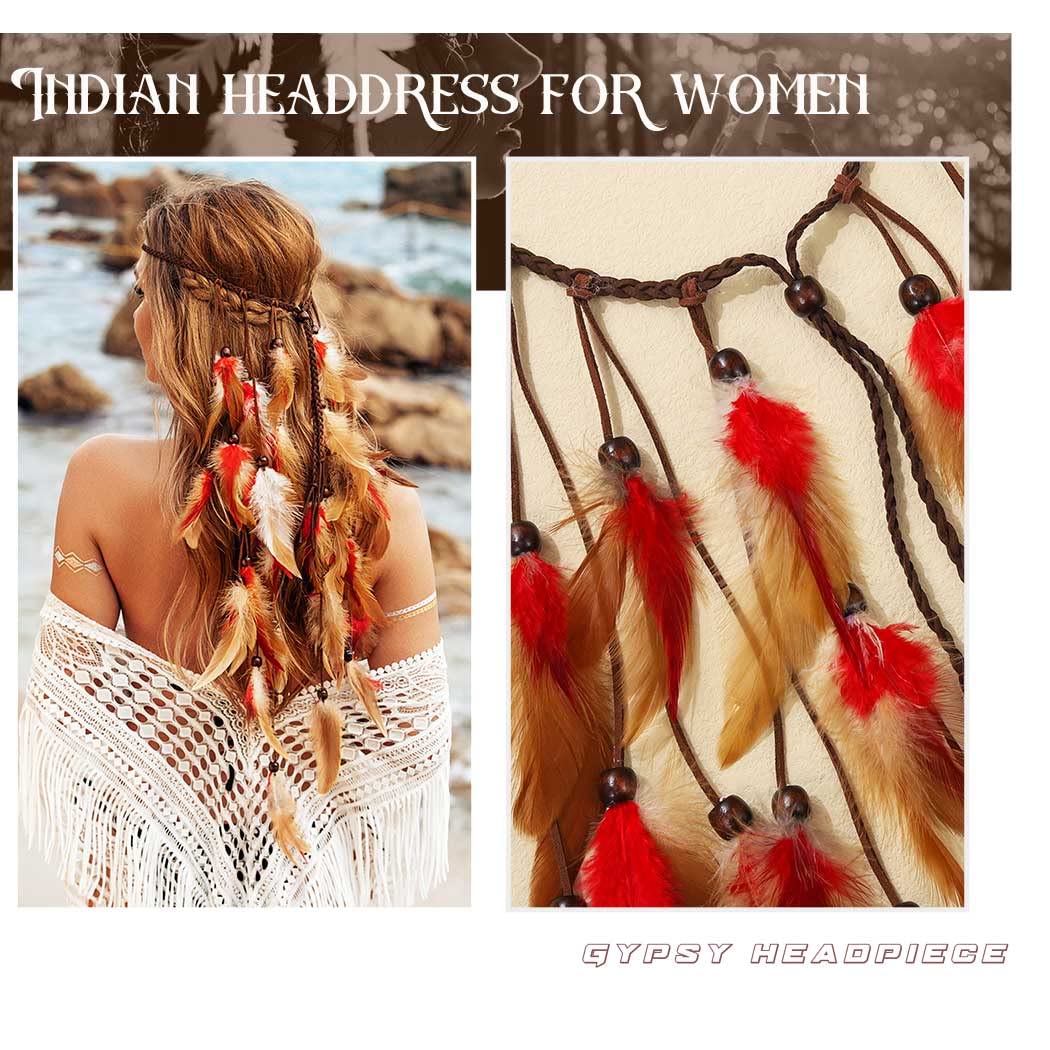 GORTIN Boho Feather Headband Gypsy Headpiece Headdress Bohemian Hippie Headbands Indian Festival Hair Band Adjust Long Feather Hair Accessories for Women and Girls (Black+Green)