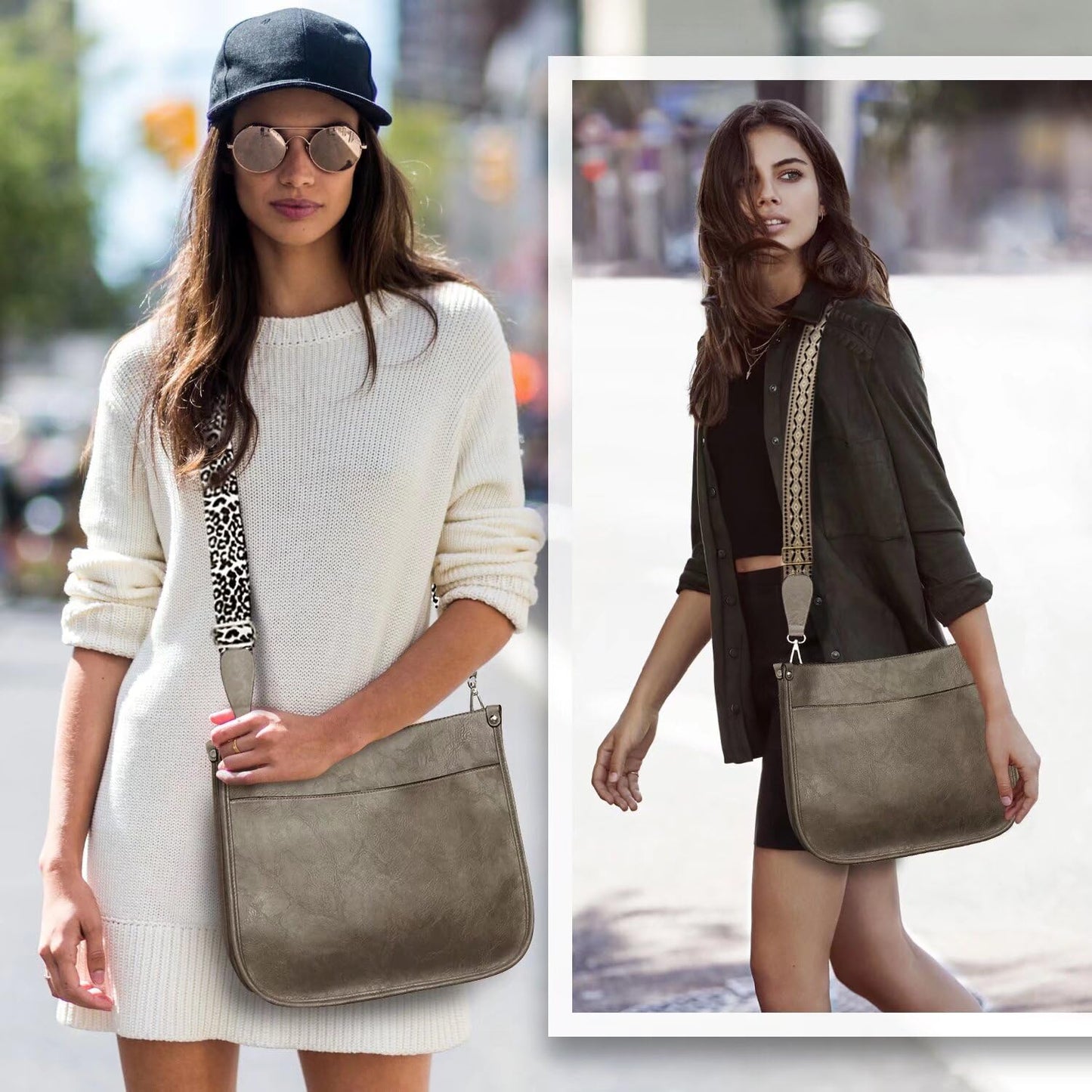 Vegan Leather Crossbody Bags for Women, Crossbody Purse with Guitar Strap Zipped Pockets Handbag