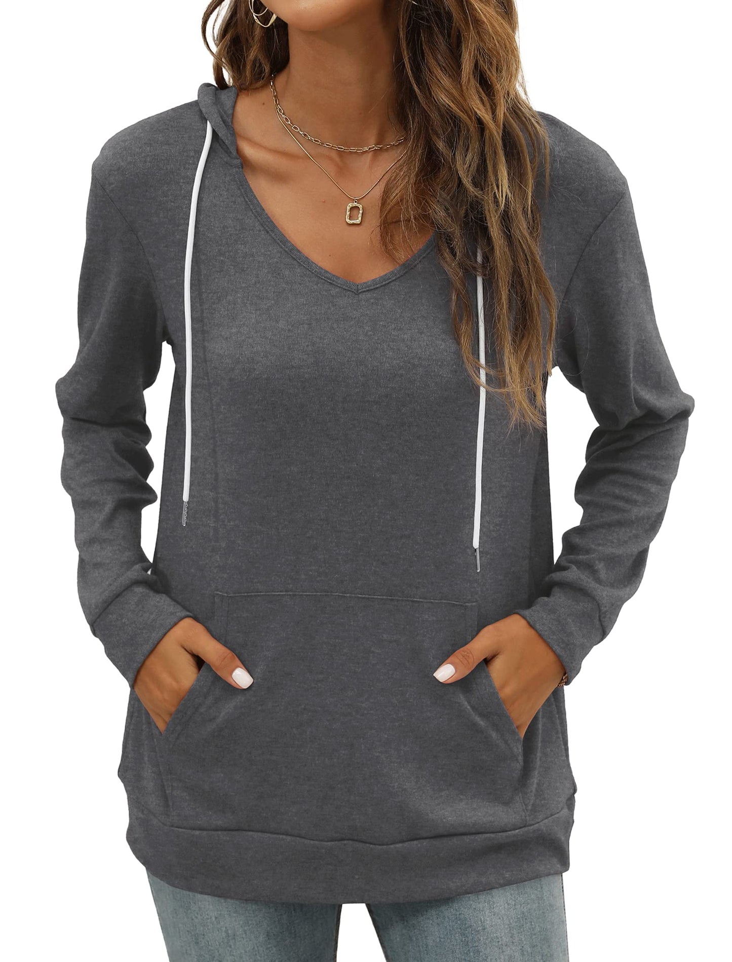 Pocket Hoodies for Womens V Neck Lightweight Sweatshirts Long Sleeve Tops