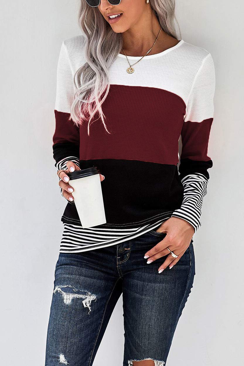 Womens Color Block Loose Long/Short Sleeve T Shirts Casual Comfy Tops