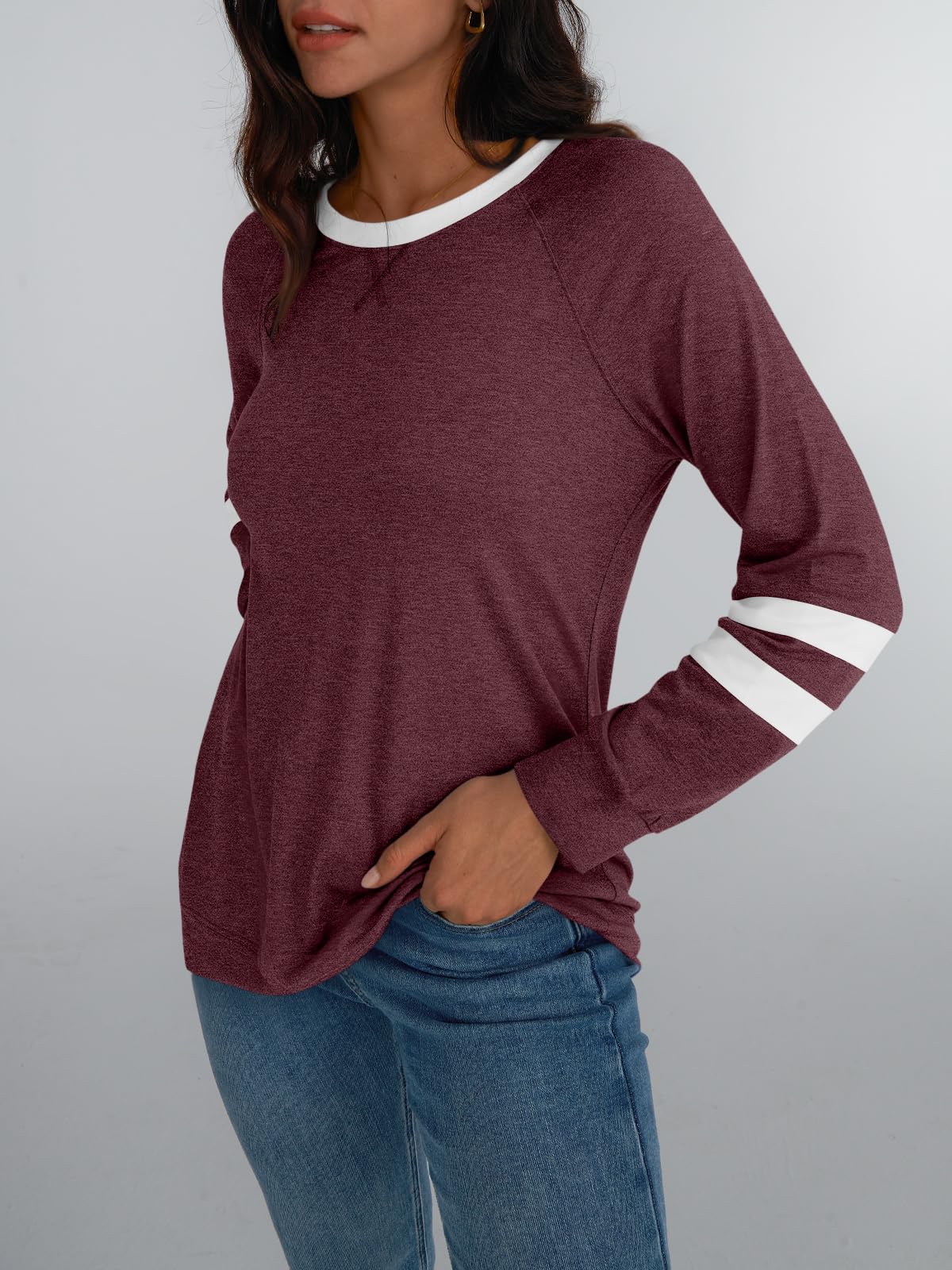 Womens Long Sleeve Shirts Color Block Casual Crewneck Tops Tshirt