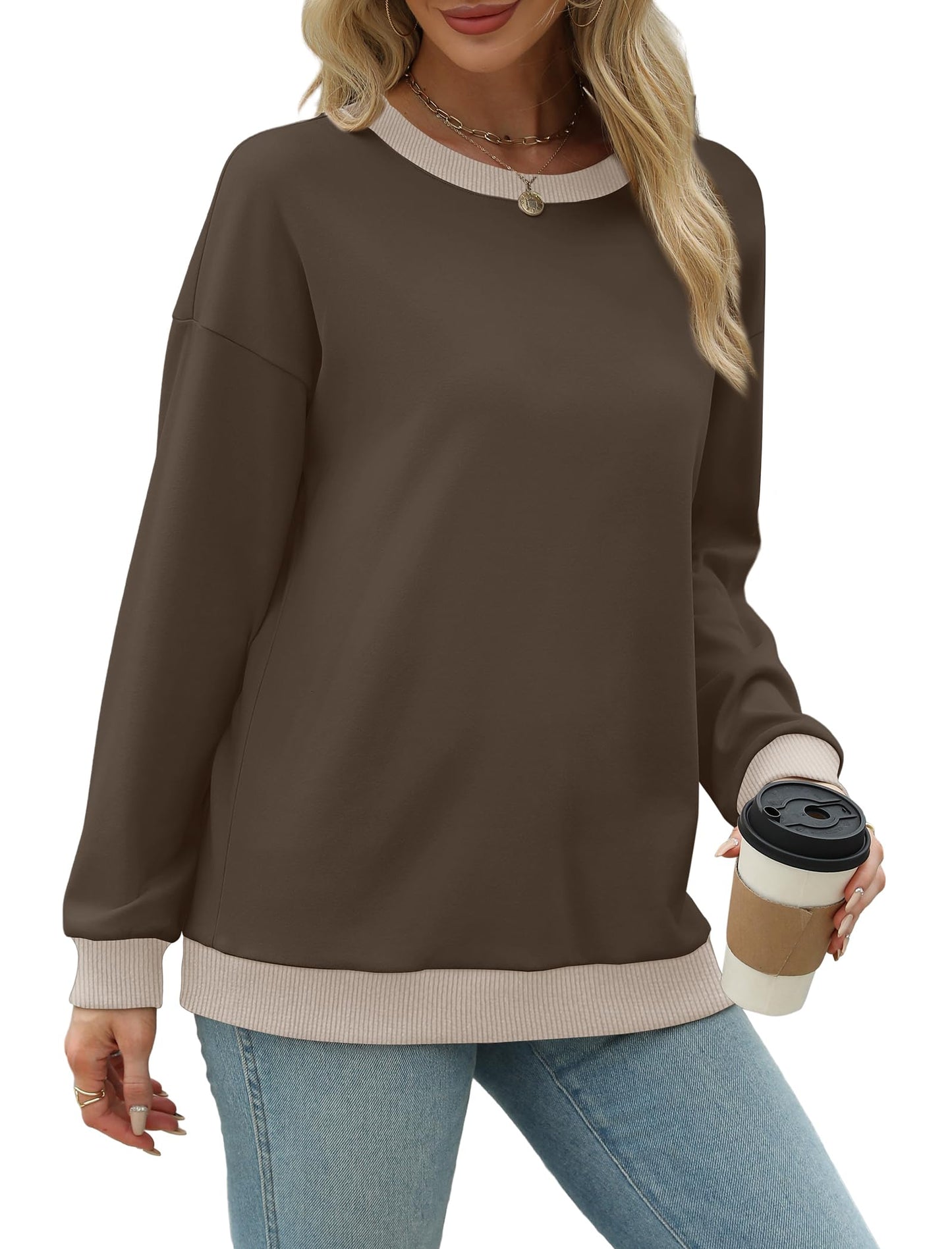 Sweatshirts for Women Crewneck Long Sleeve Loose Fit Tops Color Block Ribbed Trim Fashion