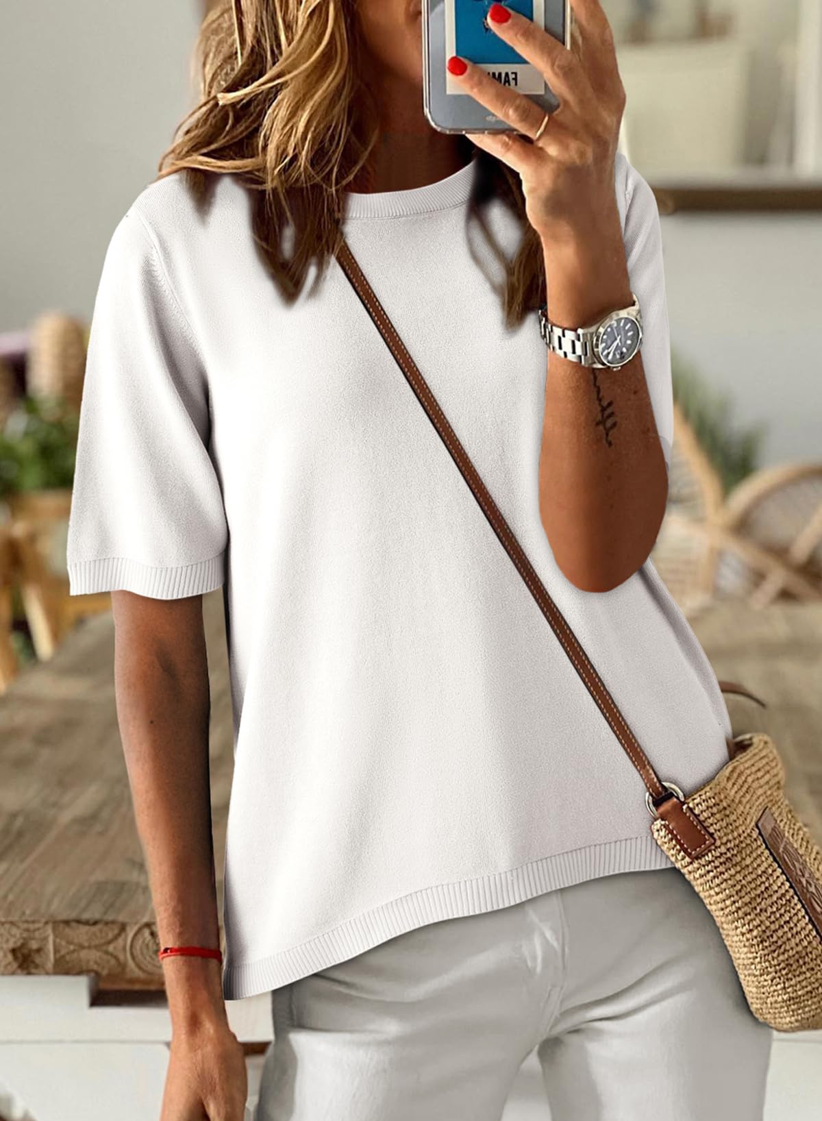 Womens Tops CasualCrewneck Short Sleeve Striped Color Block Knit Trendy Pullover Sweaters