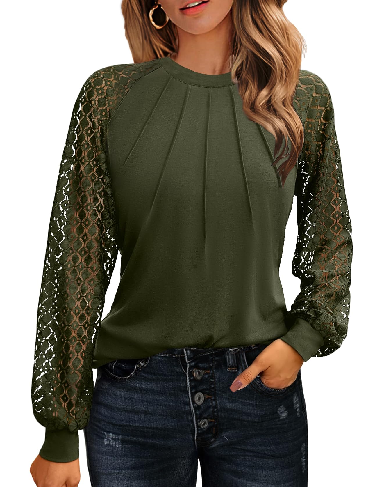 Women's Lace Long Sleeve Tops Dressy Business Casual Blouses Front Pleated Work Shirts