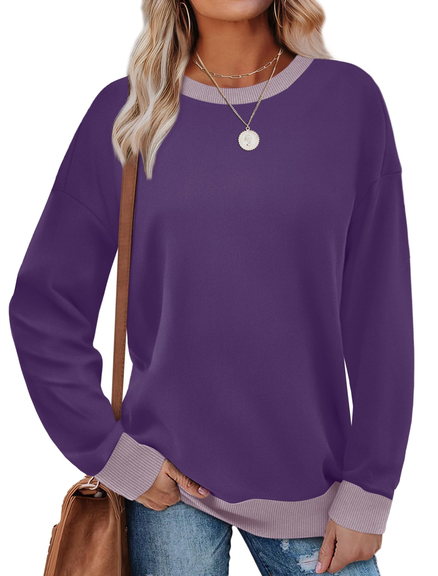 Sweatshirts for Women Crewneck Long Sleeve Loose Fit Tops Color Block Ribbed Trim Fashion