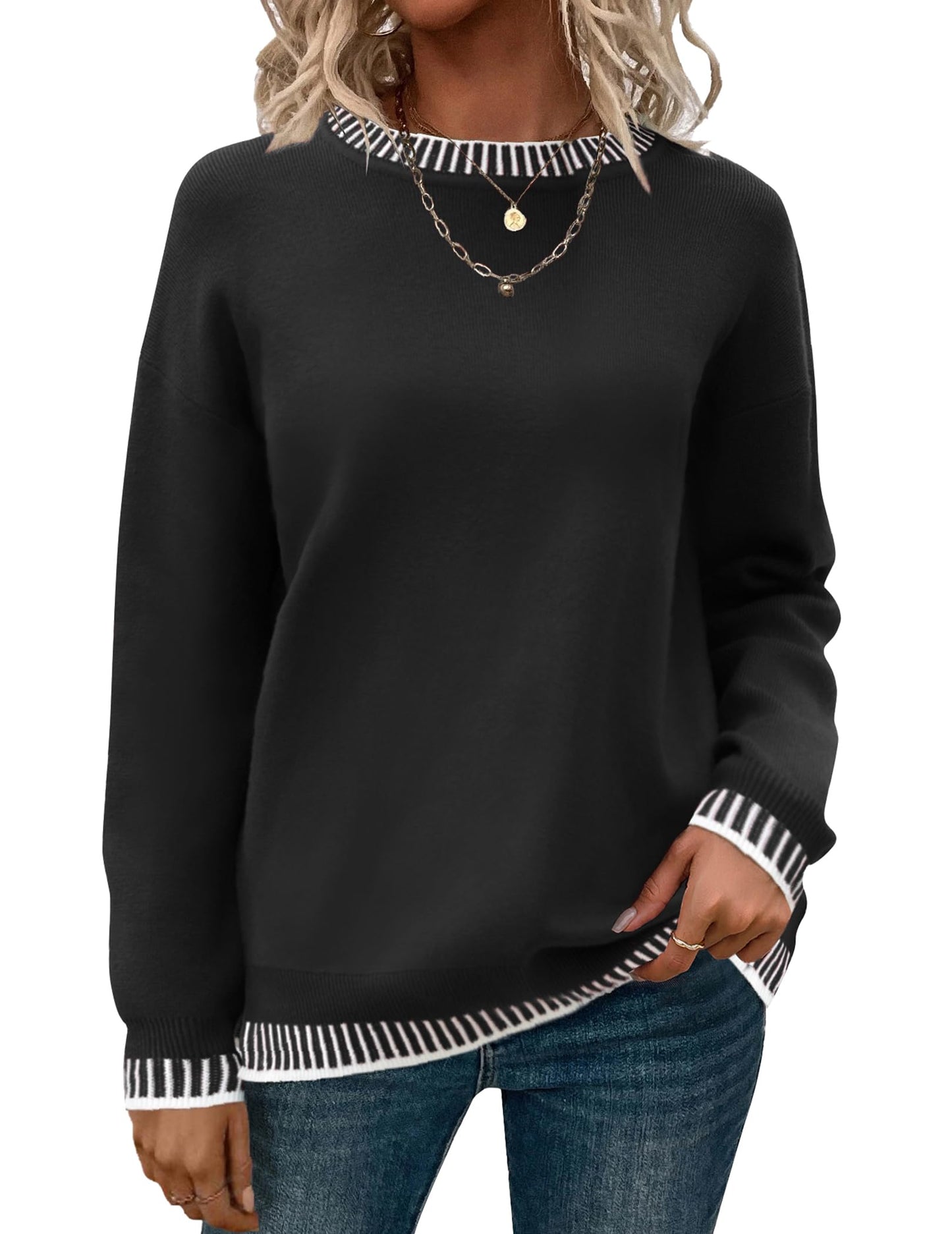 Womens Crewneck Pullover Sweater Long Sleeve Knit Side Slit