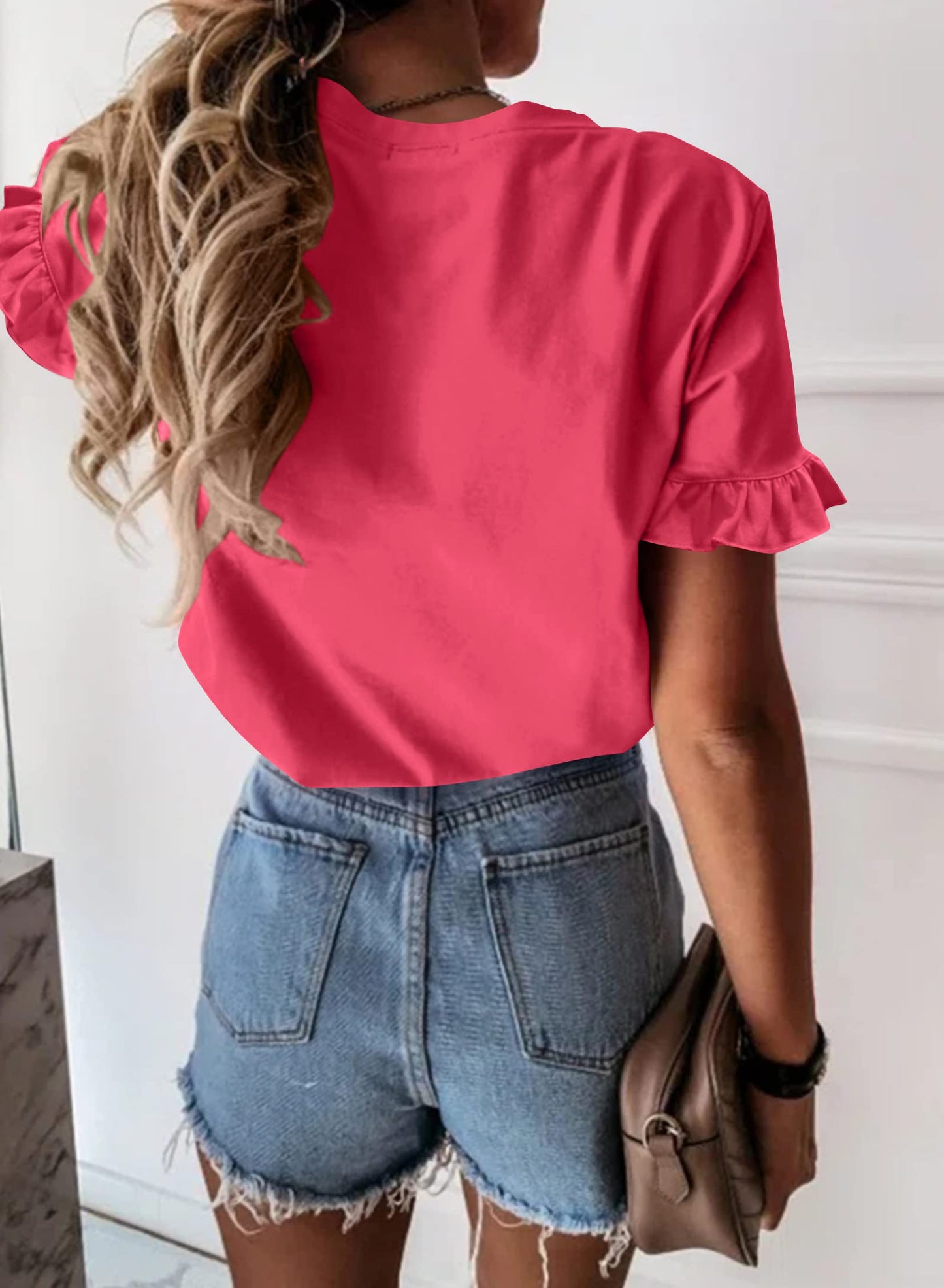 Women's Short Sleeve Casual T Shirts Summer Ruffle Plain Round Neck Loose Fit Tee Blouse Tops