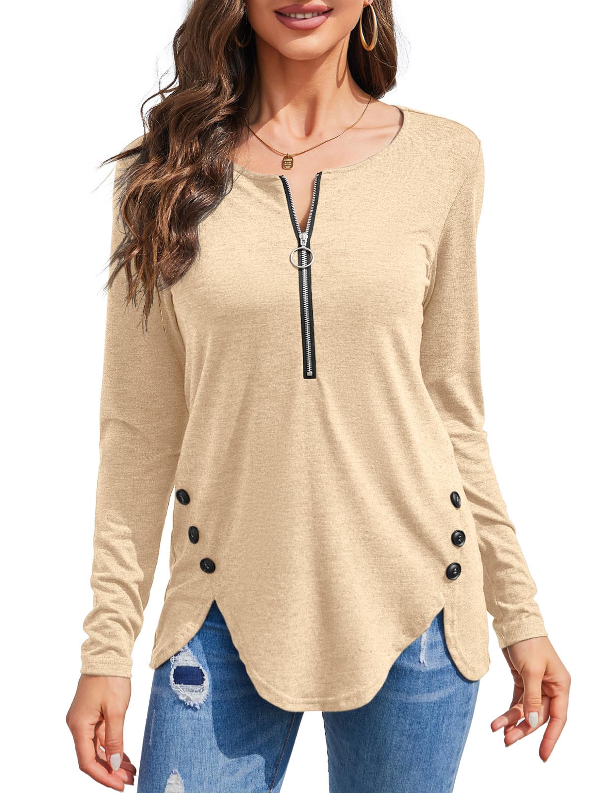 Womens Casual Long Sleeve Tunic Shirts Round Neck Button Side Blouses Tops