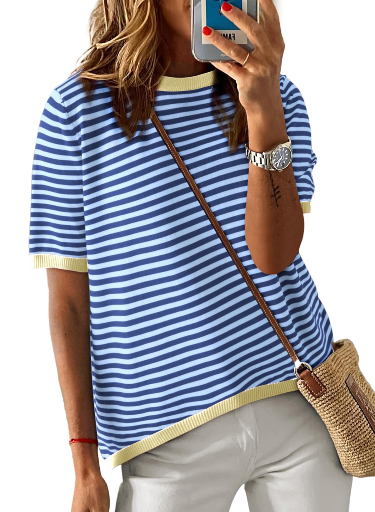 Womens Tops CasualCrewneck Short Sleeve Striped Color Block Knit Trendy Pullover Sweaters