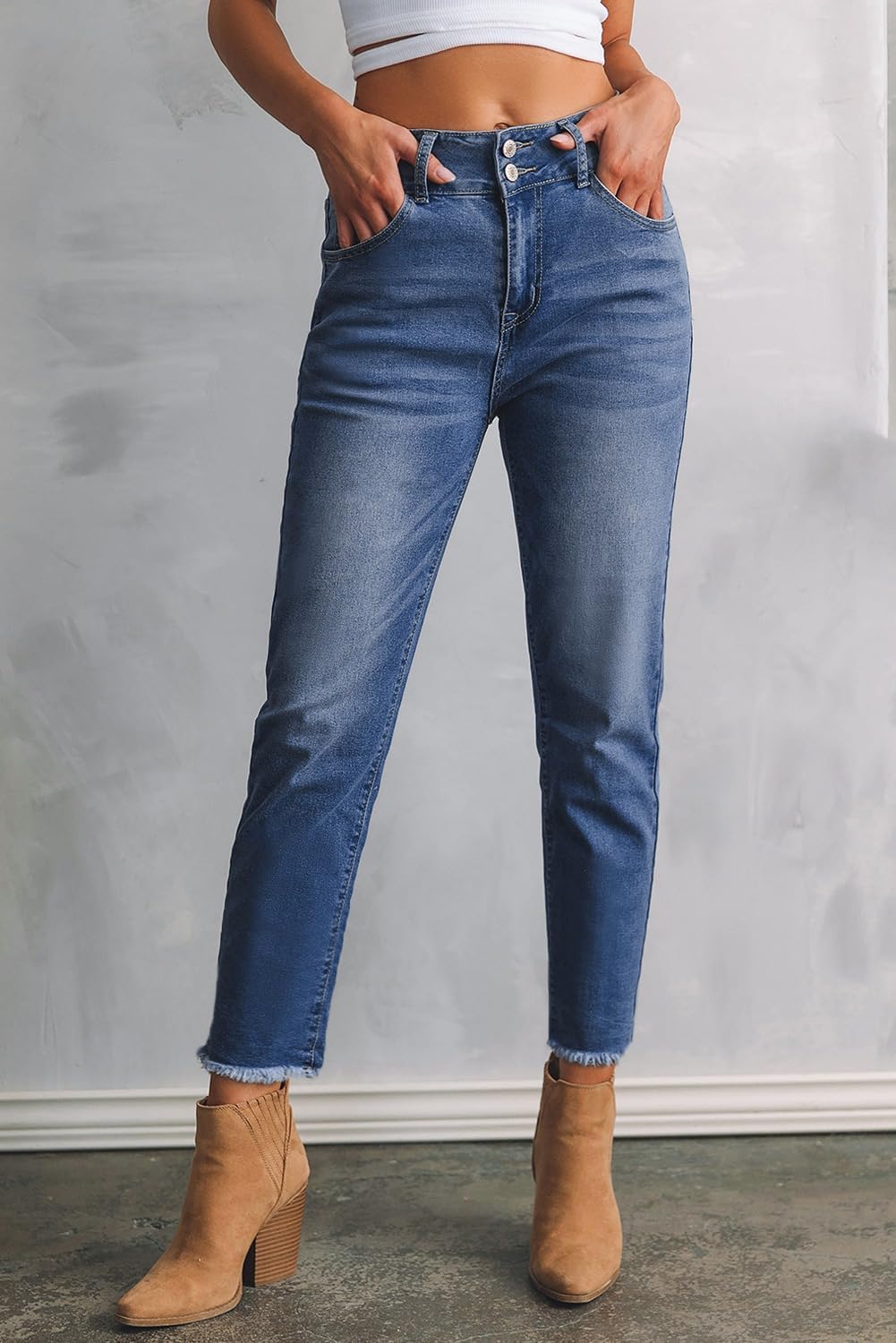 Women's High Waisted Jeans Strechy Raw Hem Straight Leg Denim Pants with Pockets