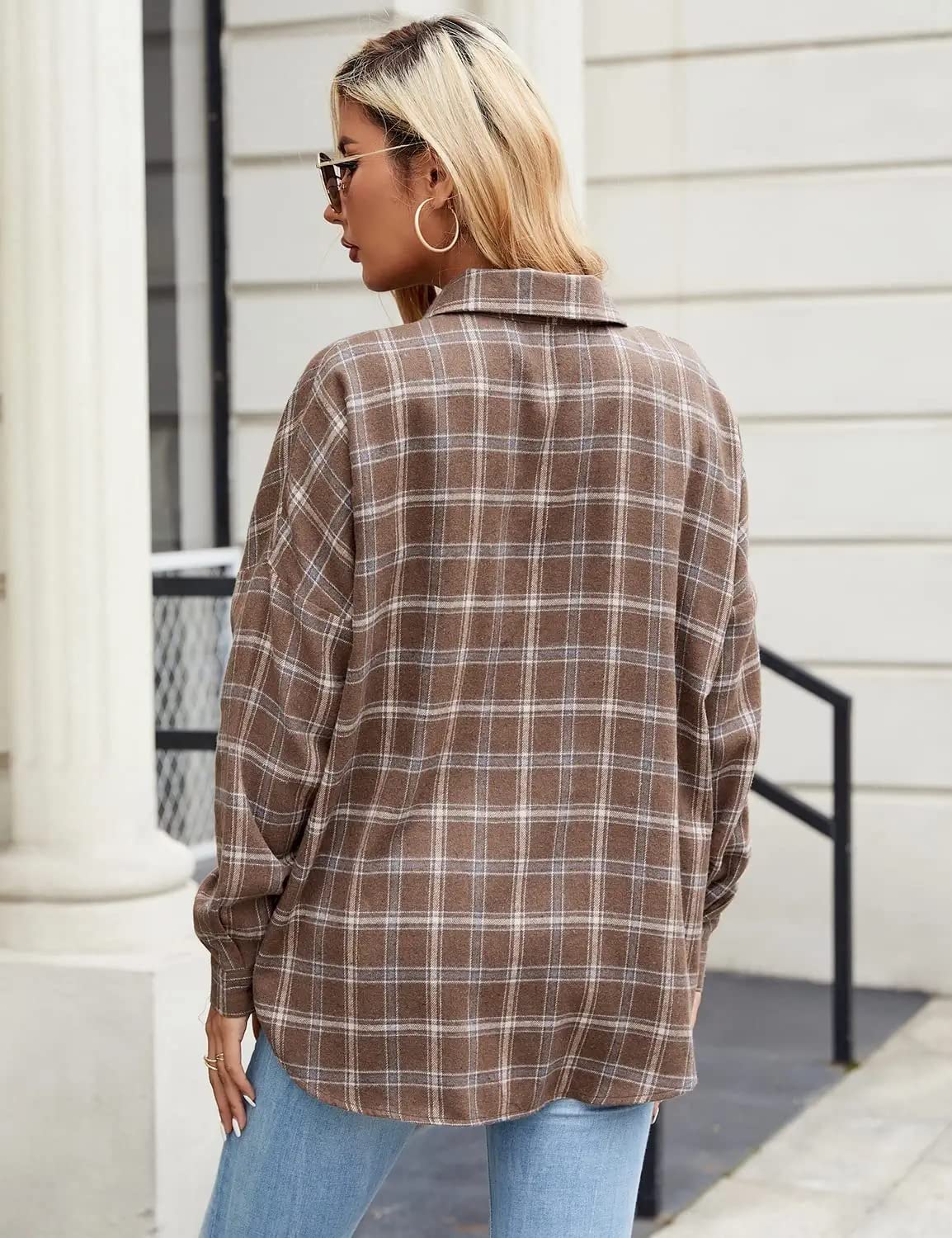 Women's Button Down Flannel Shirts Plaid Shacket Long Sleeve Collared Business Casual Tops Work Blouses