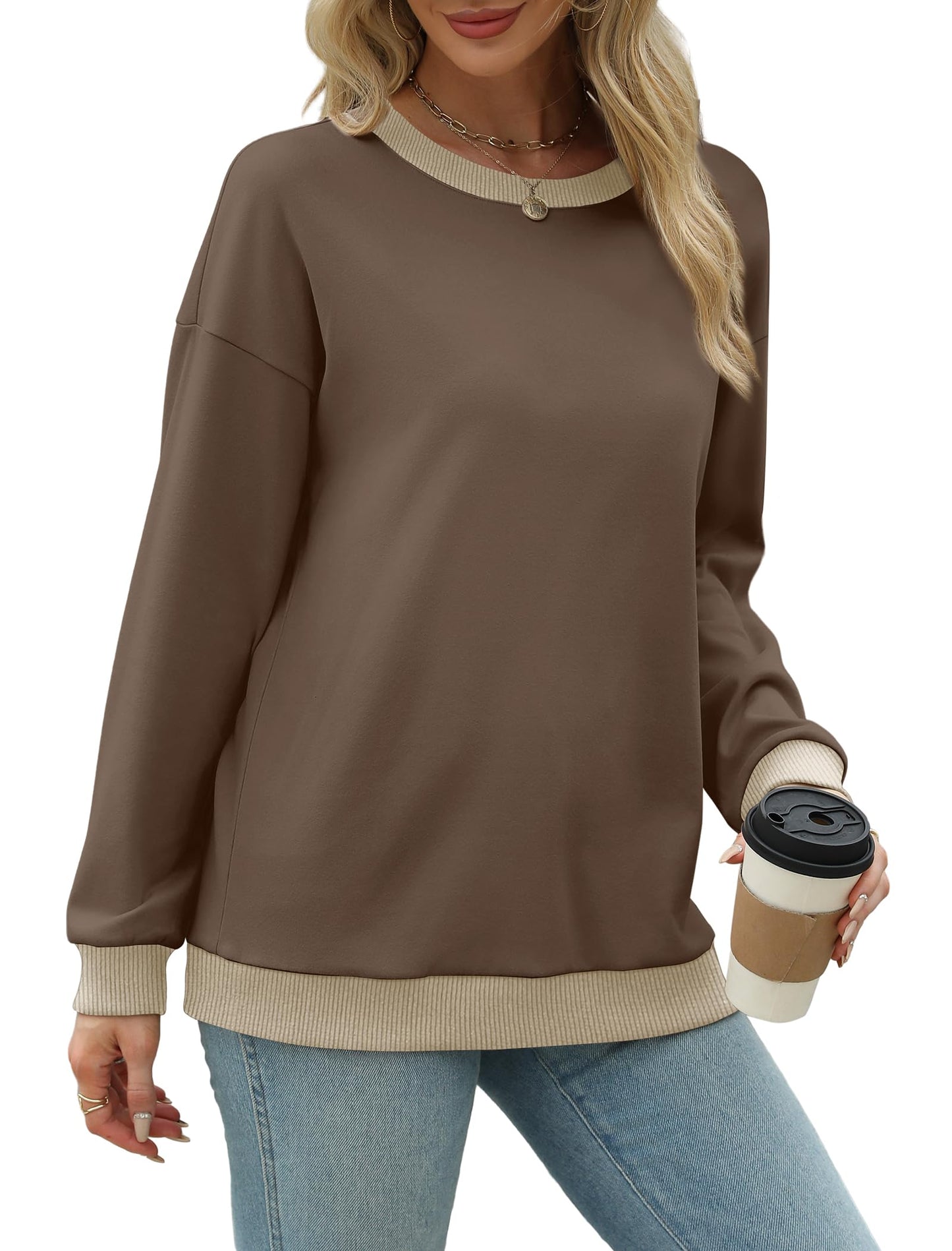 Sweatshirts for Women Crewneck Long Sleeve Loose Fit Tops Color Block Ribbed Trim Fashion