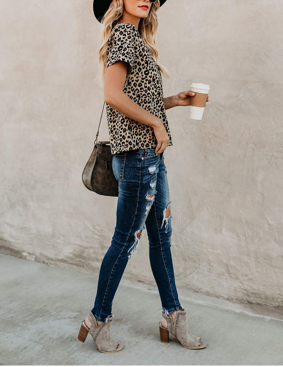 Womens Leopard Print Tops Short Sleeve Round Neck Casual T Shirts Tees