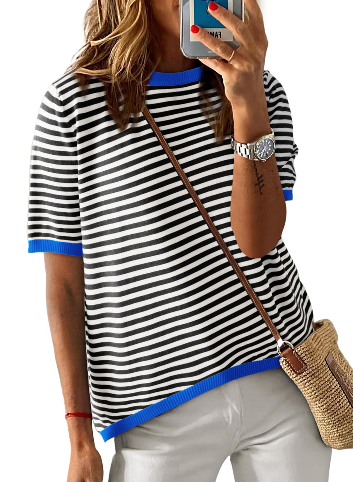 Womens Tops CasualCrewneck Short Sleeve Striped Color Block Knit Trendy Pullover Sweaters