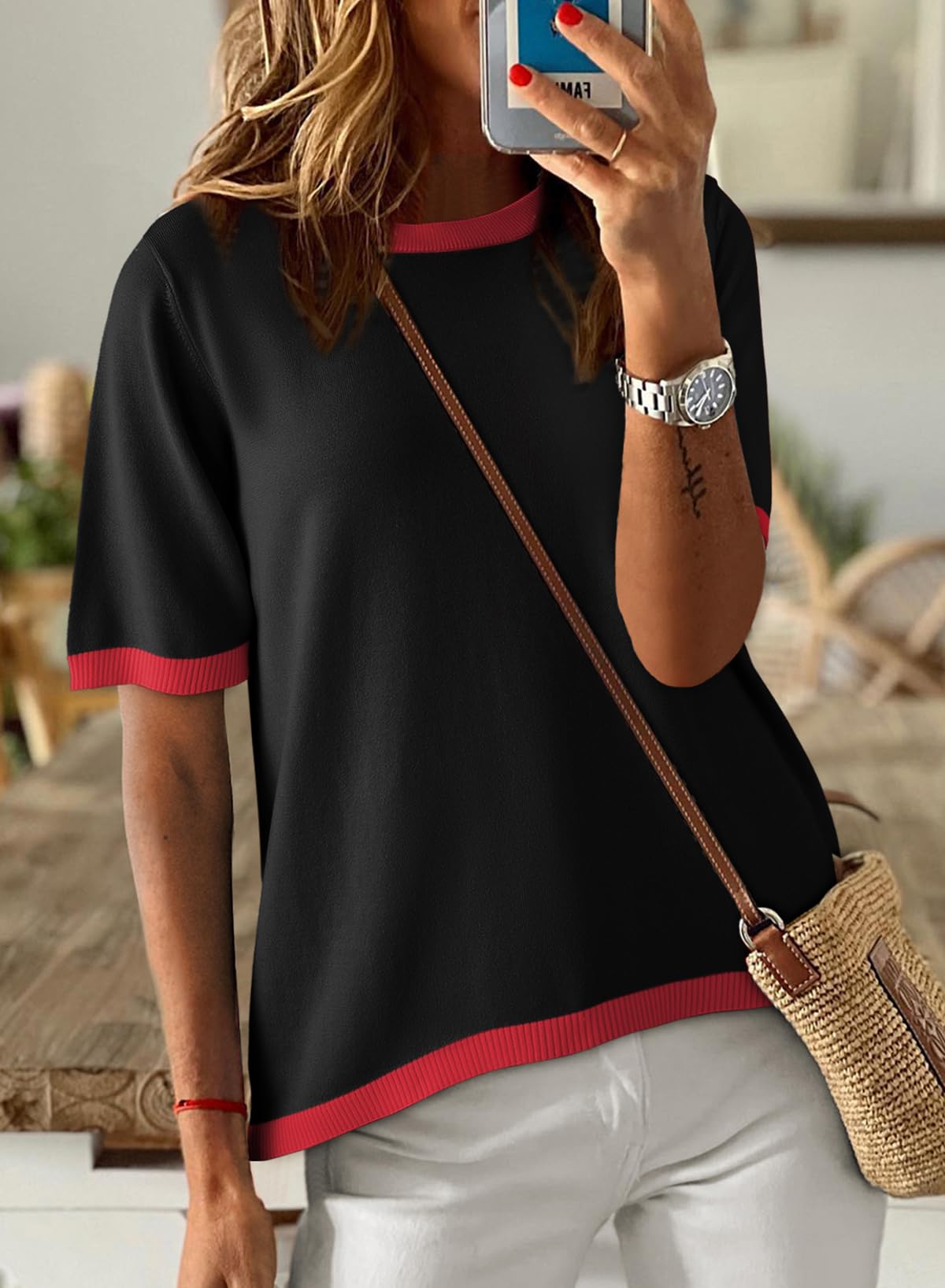 Womens Tops CasualCrewneck Short Sleeve Striped Color Block Knit Trendy Pullover Sweaters