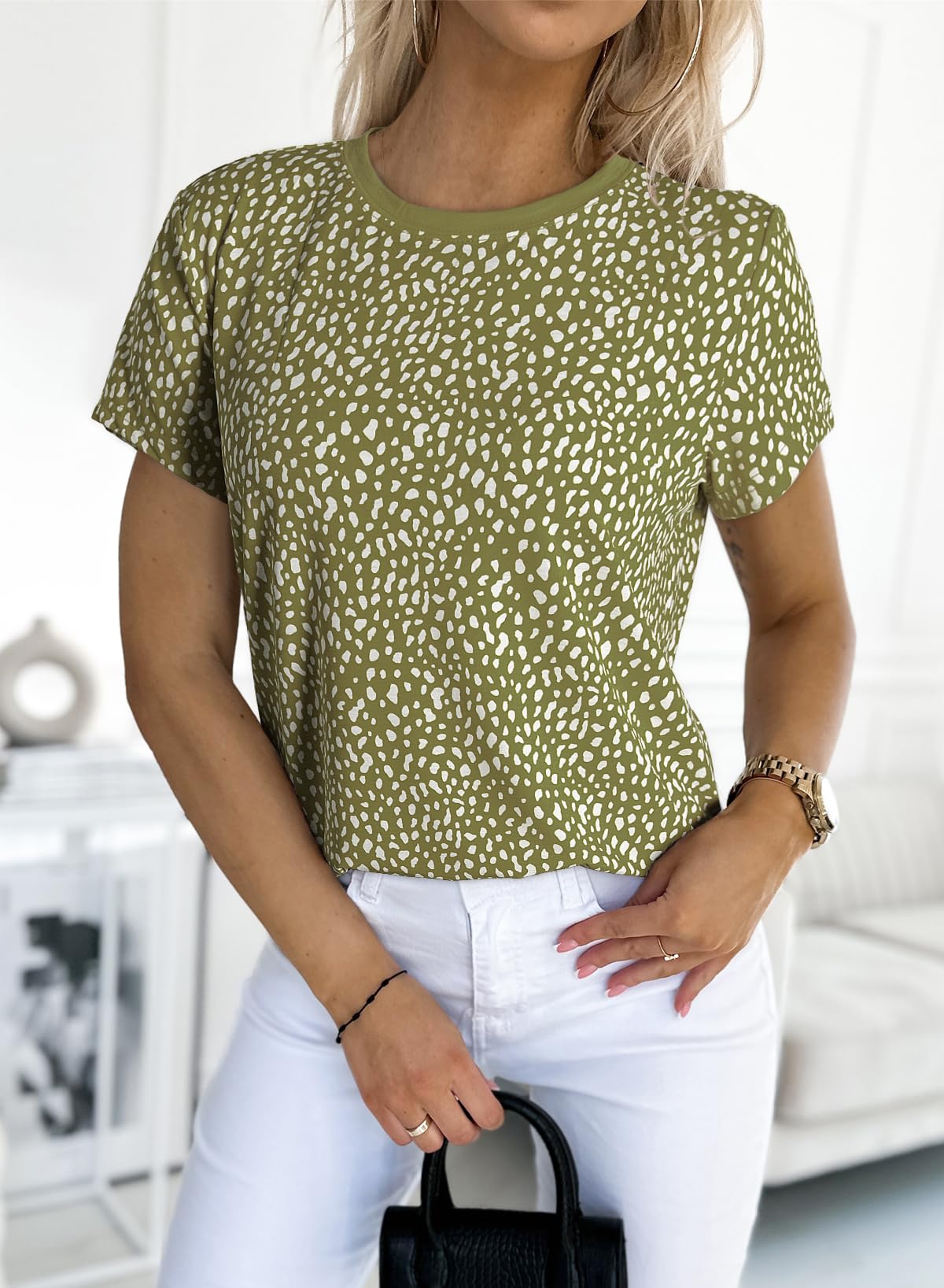 Womens Casual Polka Dot Tops Crewneck Short Sleeve T Shirts Fashion 2024 Spring Summer Loose Fit Shirts