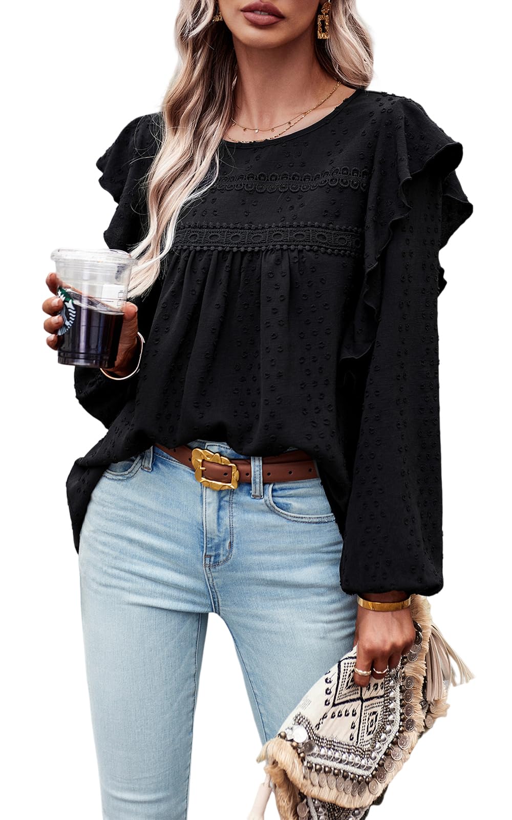 Women's Long Sleeve Blouses Ruffle Swiss Dot Crochet Loose Fit
