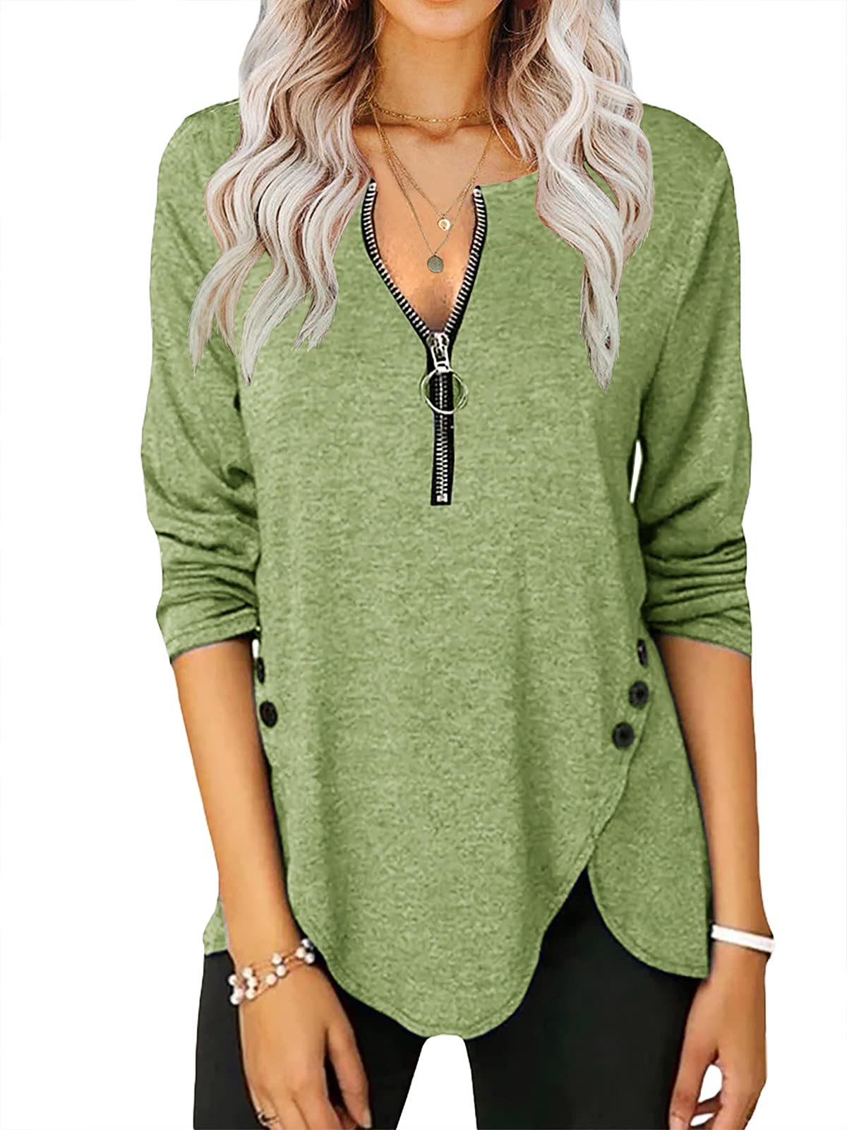Womens Casual Long Sleeve Tunic Shirts Round Neck Button Side Blouses Tops
