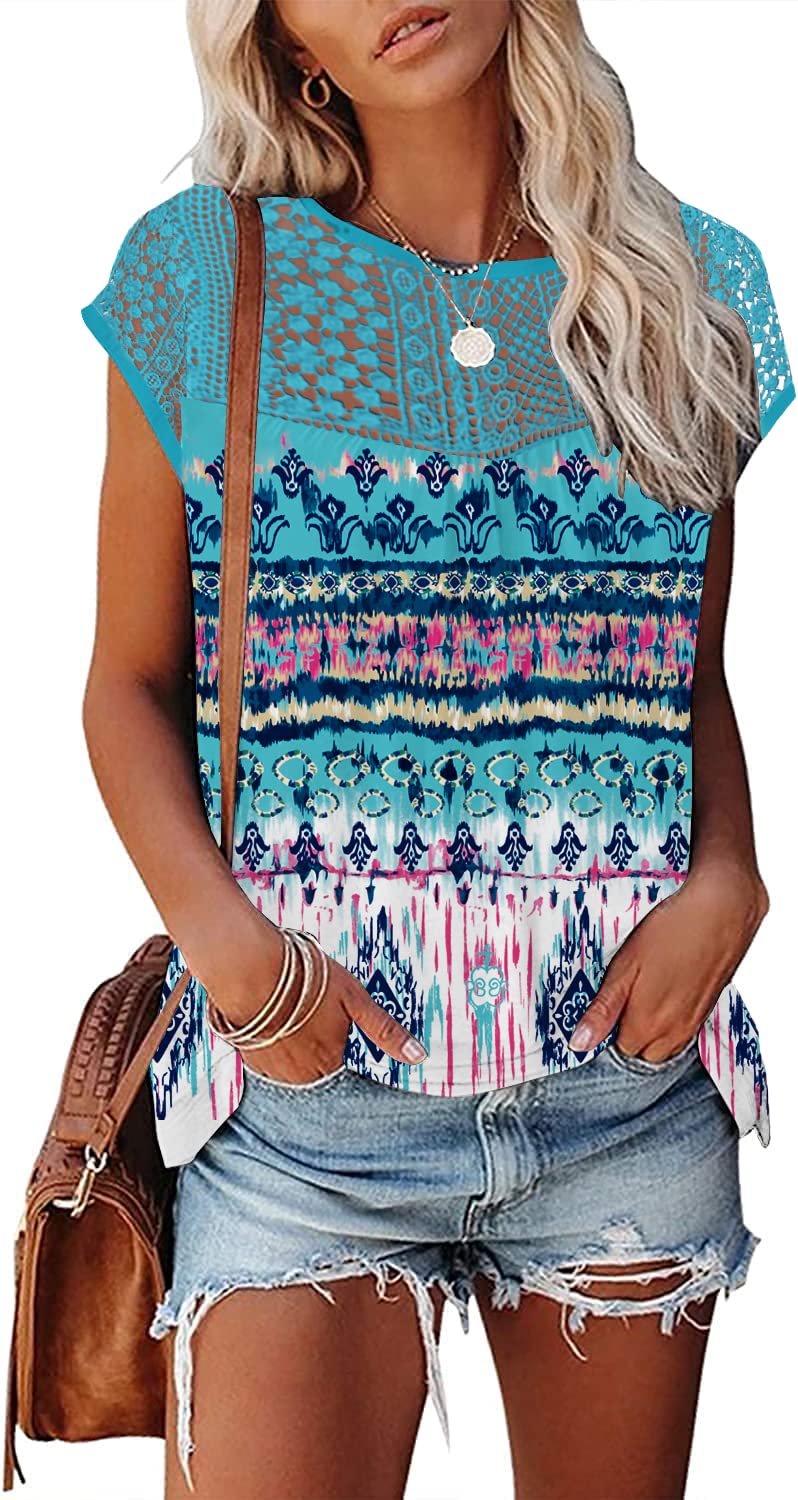 Womens Cap Sleeve Tops 2024 Trendy Floral Print Summer Tops Loose Fit Lace T Shirts Blouses