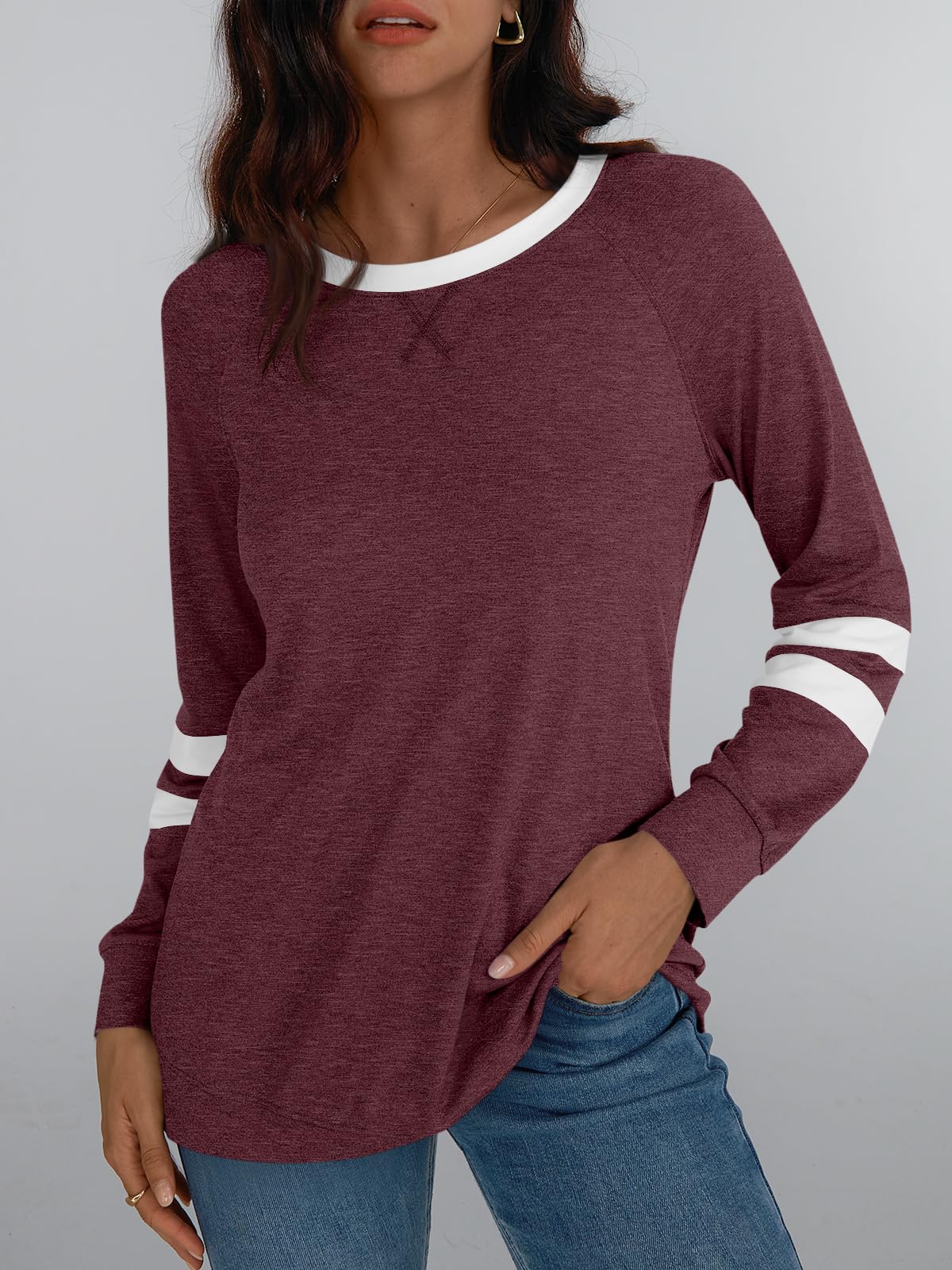 Womens Long Sleeve Shirts Color Block Casual Crewneck Tops Tshirt