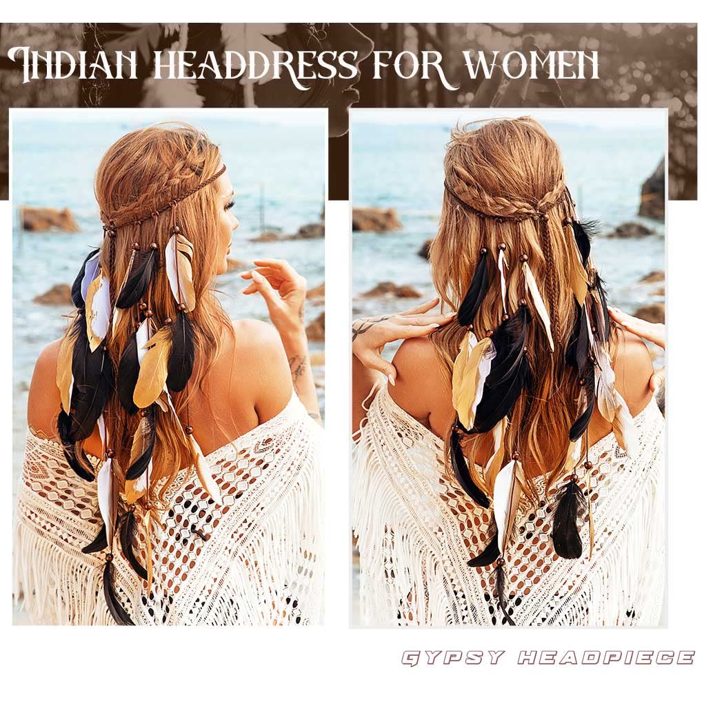 GORTIN Boho Feather Headband Gypsy Headpiece Headdress Bohemian Hippie Headbands Indian Festival Hair Band Adjust Long Feather Hair Accessories for Women and Girls (Black+Green)