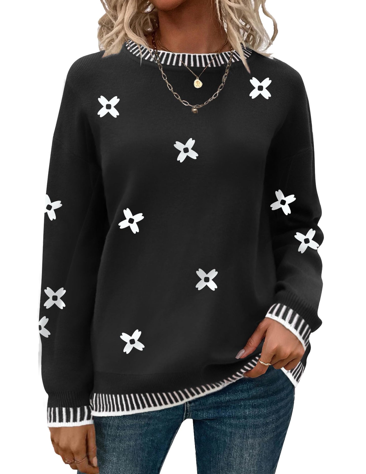 Womens Crewneck Pullover Sweater Long Sleeve Knit Side Slit