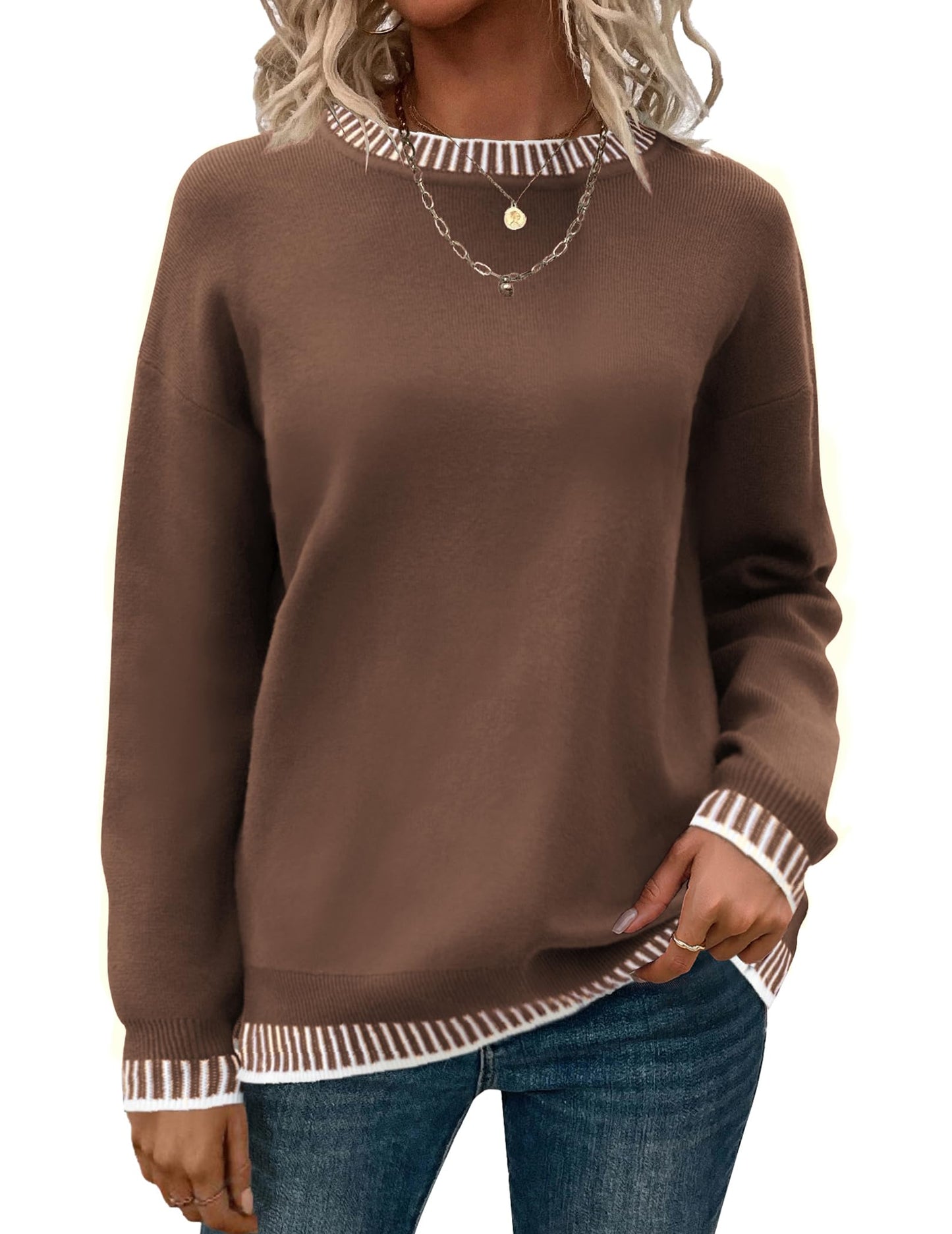 Womens Crewneck Pullover Sweater Long Sleeve Knit Side Slit