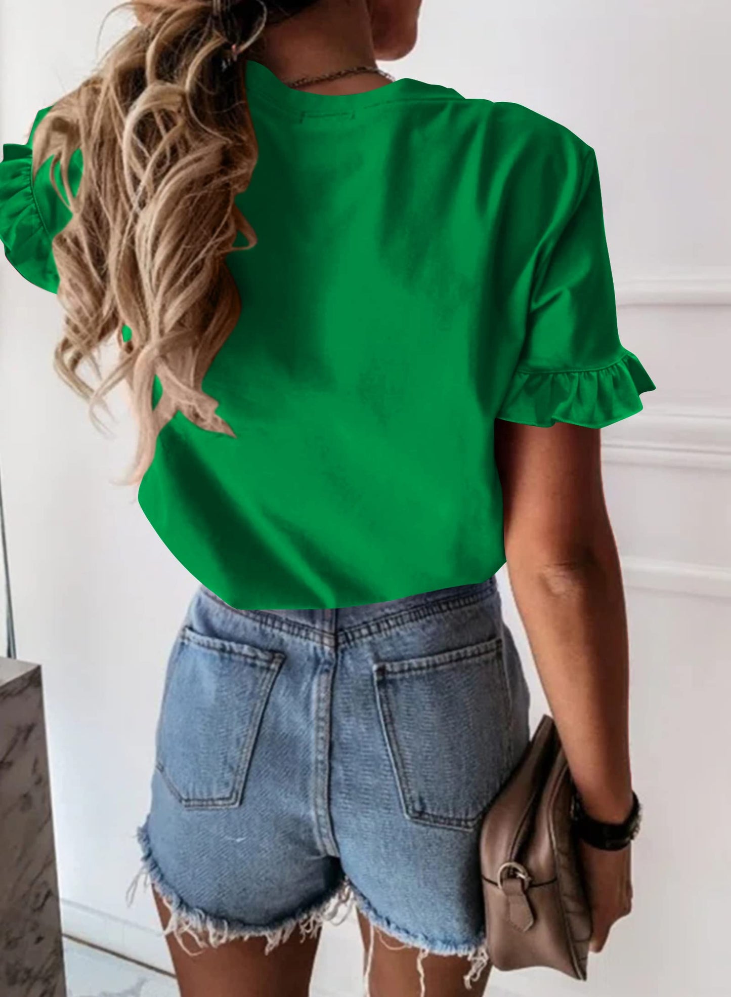 Women's Short Sleeve Casual T Shirts Summer Ruffle Plain Round Neck Loose Fit Tee Blouse Tops