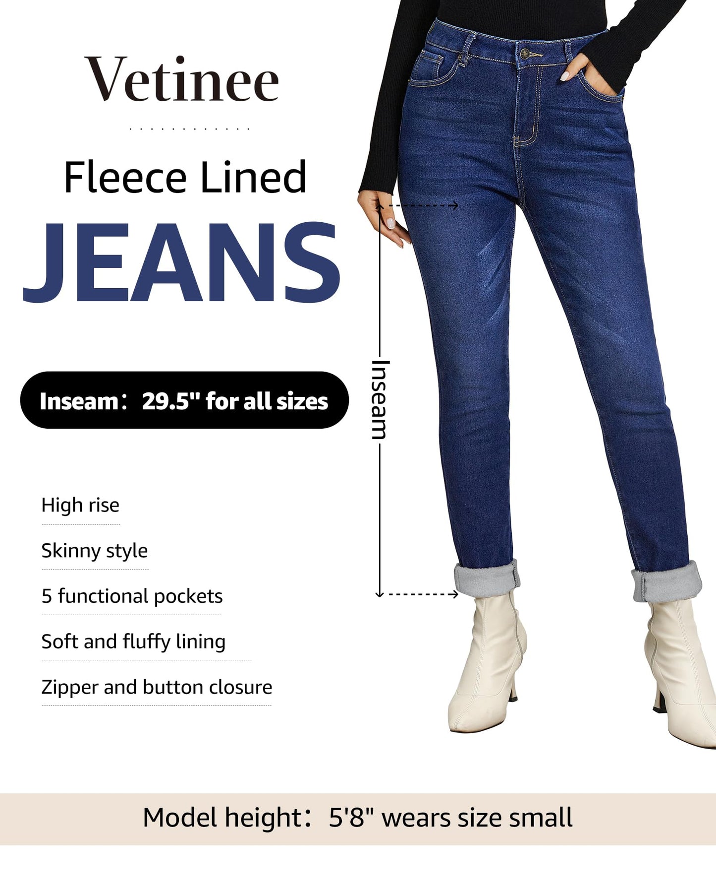 Vetinee Fleece Lined Jeans for Women High Waisted Skinny Winter Warm Slim Fit Thermal Jean Pants Stretchy Denim Jeggings