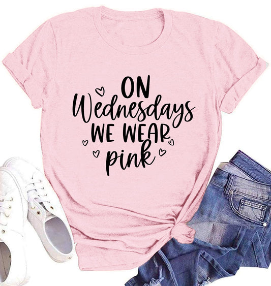 On Wednesday We Wear Pink Shirt Women Breast Cancer T Shirt Short Sleeve Print Tees Gifts for Girls Matching Outfits Top