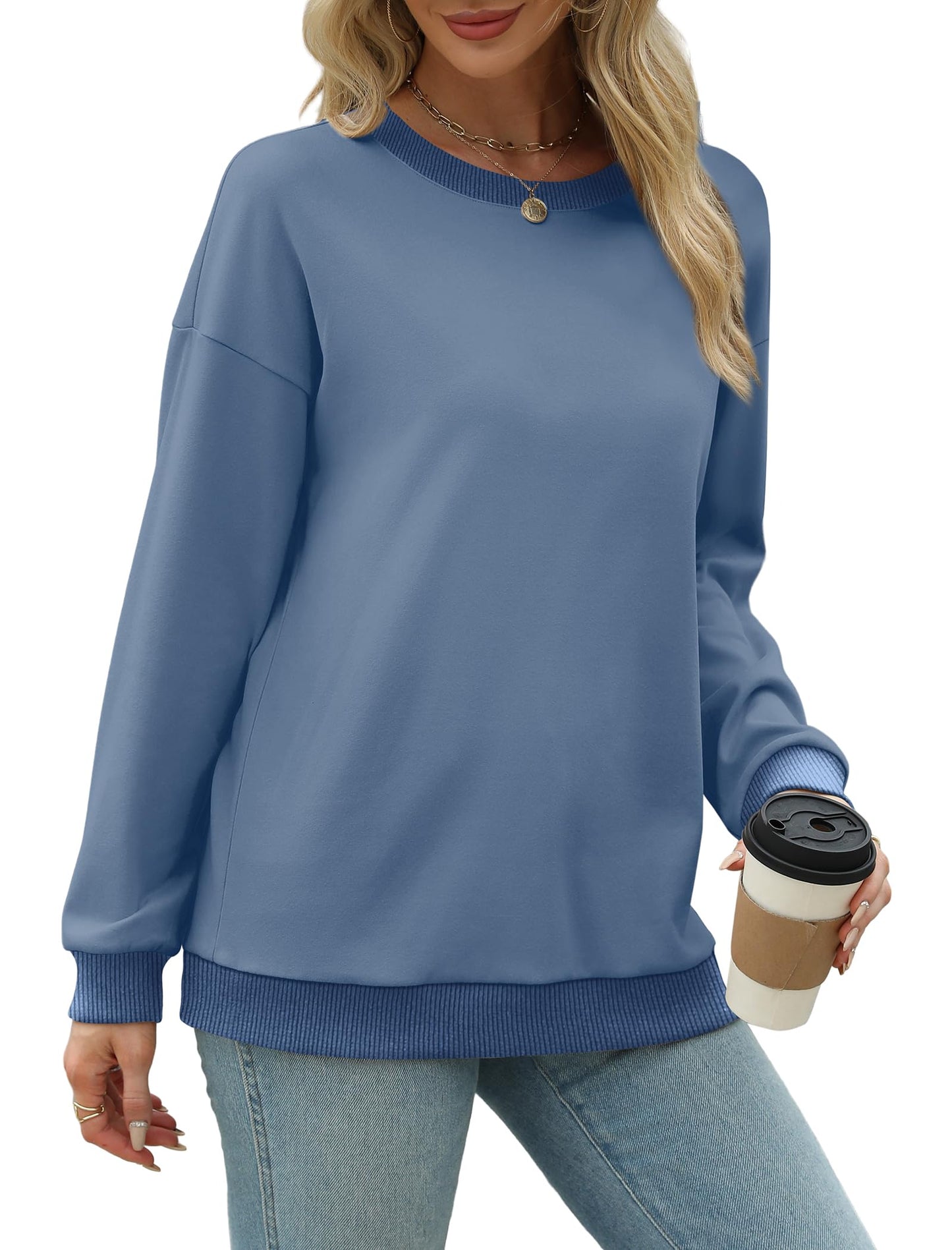 Sweatshirts for Women Crewneck Long Sleeve Loose Fit Tops Color Block Ribbed Trim Fashion