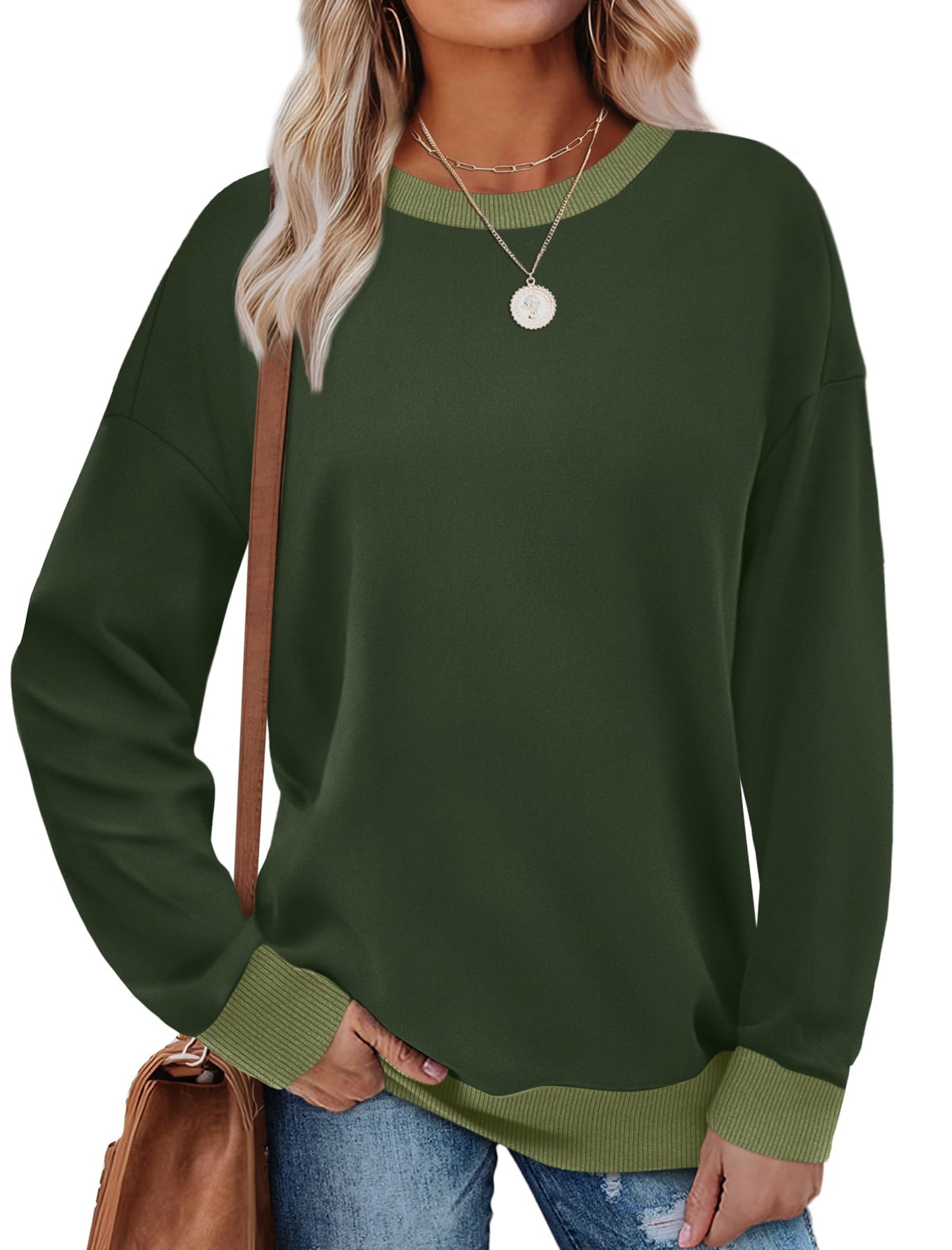 Sweatshirts for Women Crewneck Long Sleeve Loose Fit Tops Color Block Ribbed Trim Fashion