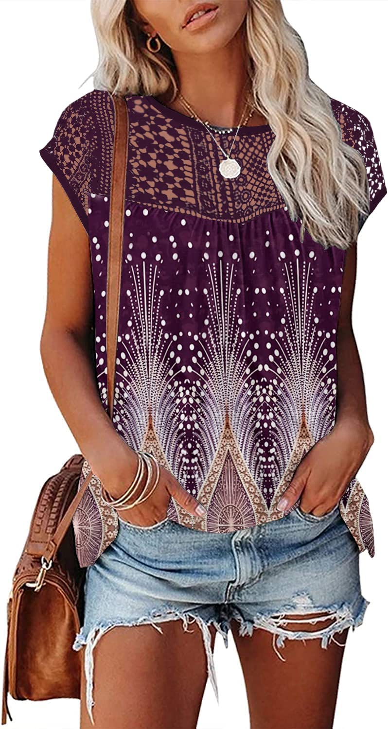 Womens Cap Sleeve Tops 2024 Trendy Floral Print Summer Tops Loose Fit Lace T Shirts Blouses