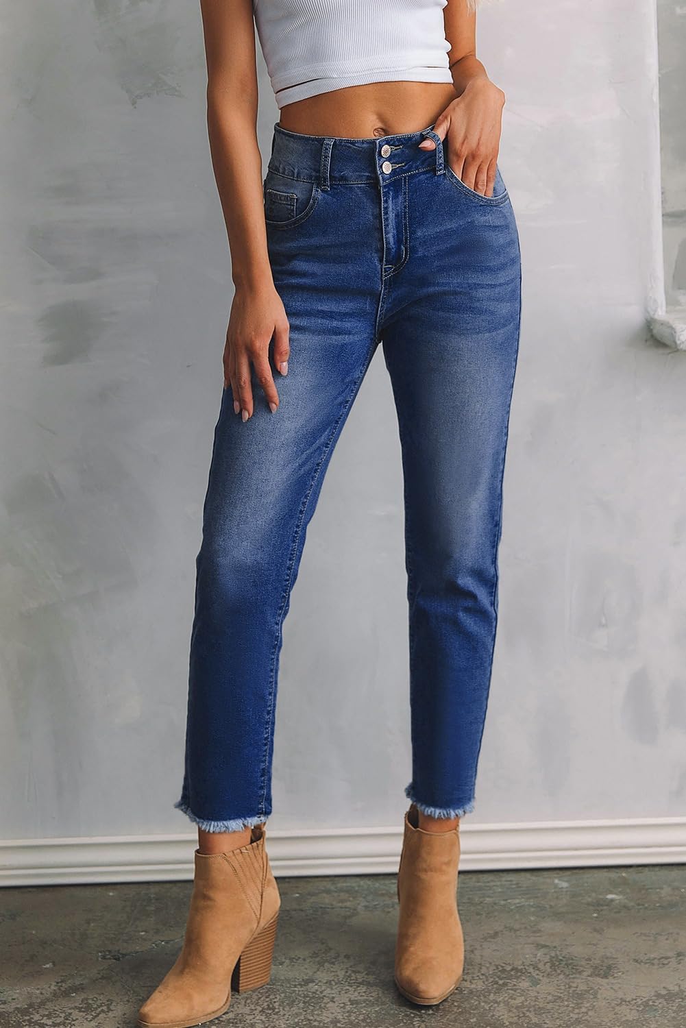 Women's High Waisted Jeans Strechy Raw Hem Straight Leg Denim Pants with Pockets