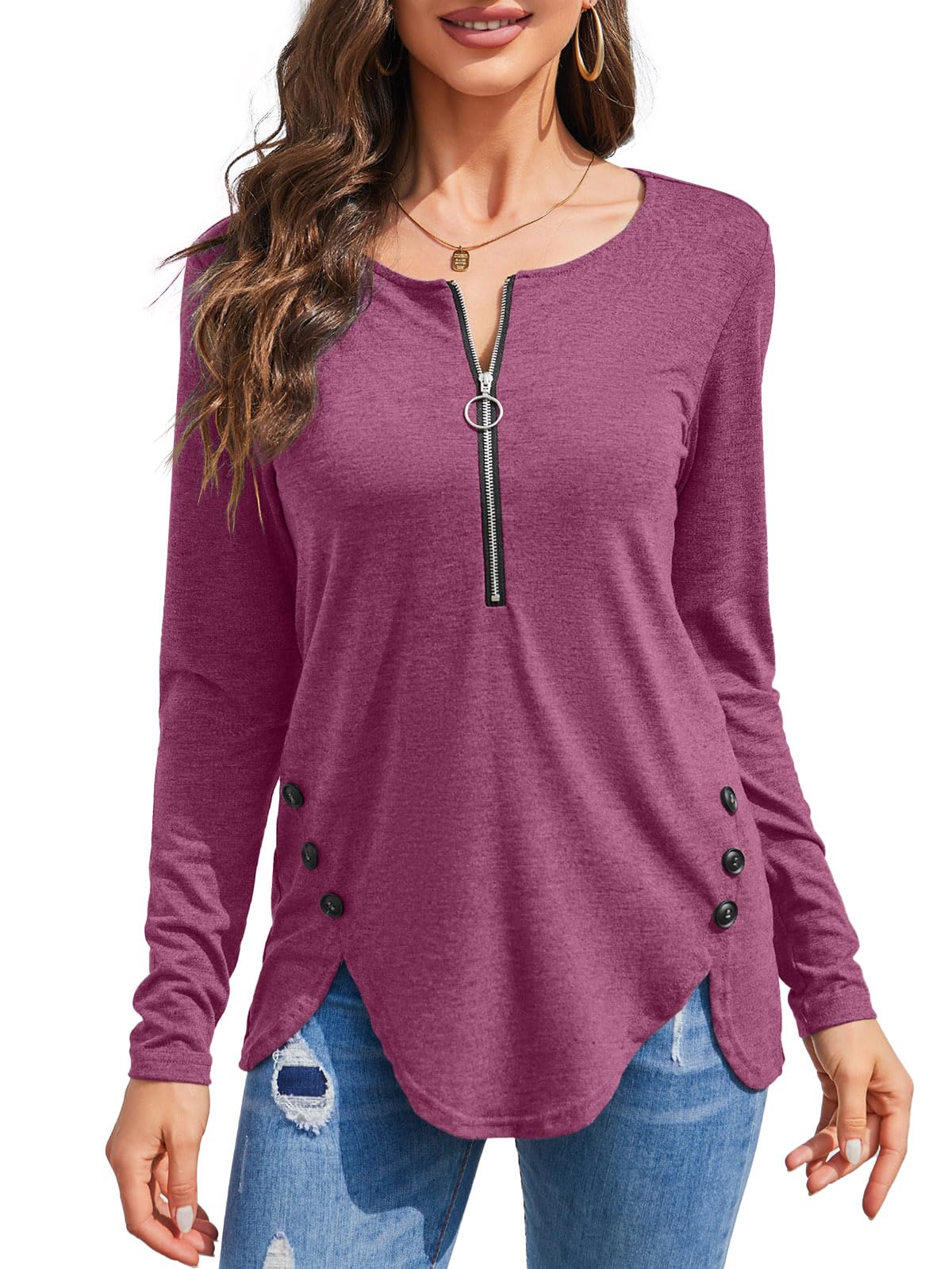Womens Casual Long Sleeve Tunic Shirts Round Neck Button Side Blouses Tops