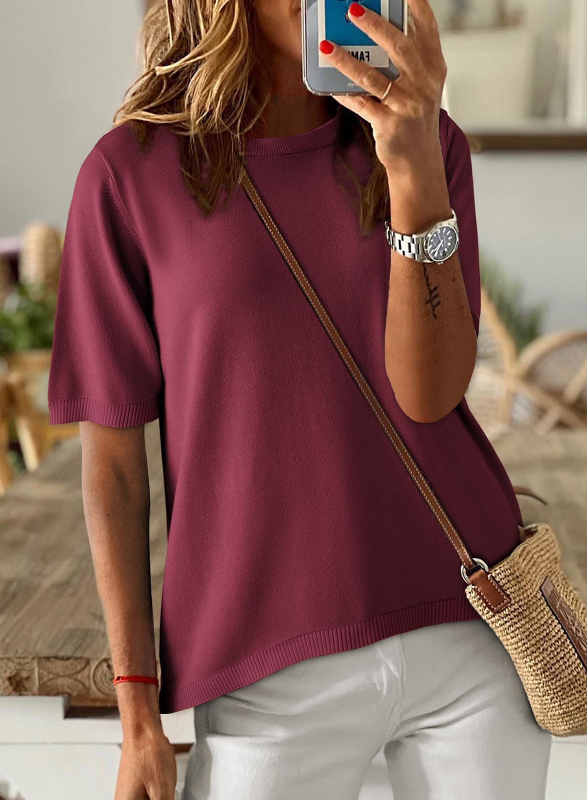 Womens Tops CasualCrewneck Short Sleeve Striped Color Block Knit Trendy Pullover Sweaters