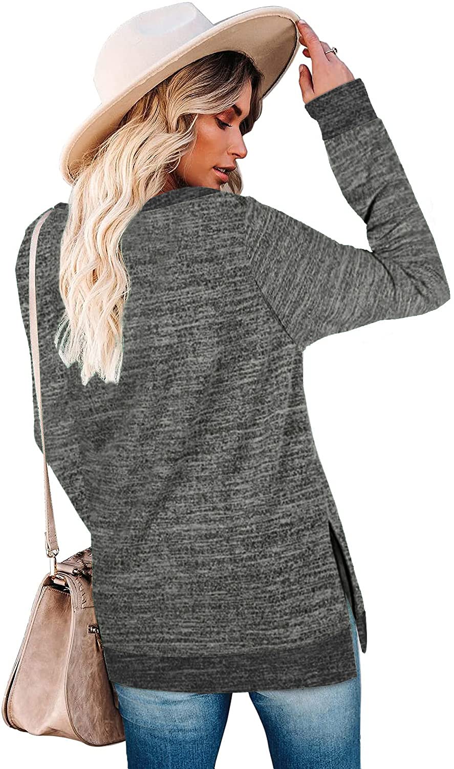 Womens Crewneck Pullovers Color Block Long Sleeve Side Split Tunic Tops