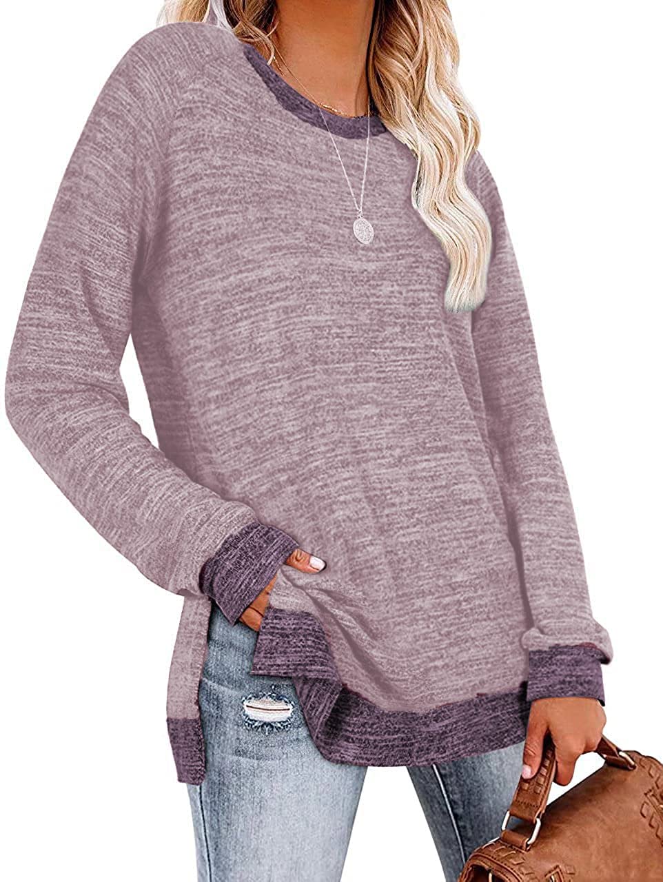 Womens Crewneck Pullovers Color Block Long Sleeve Side Split Tunic Tops