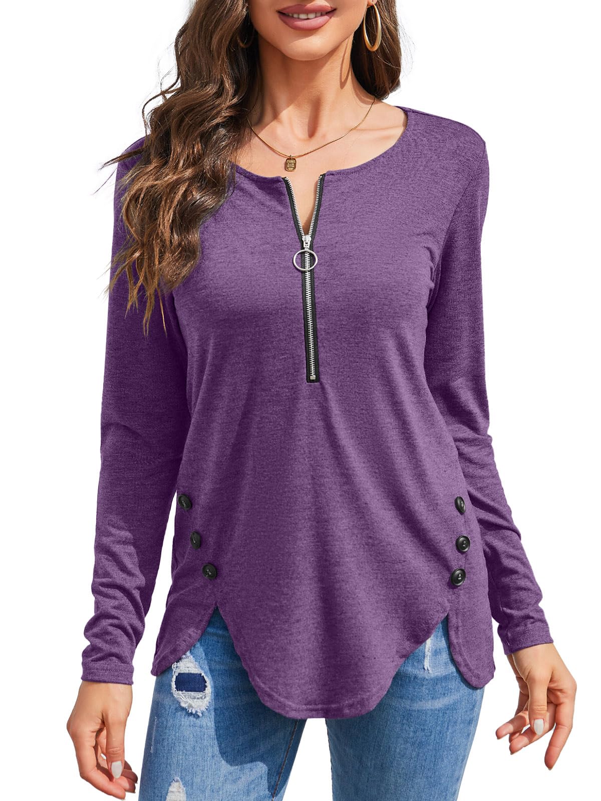 Womens Casual Long Sleeve Tunic Shirts Round Neck Button Side Blouses Tops
