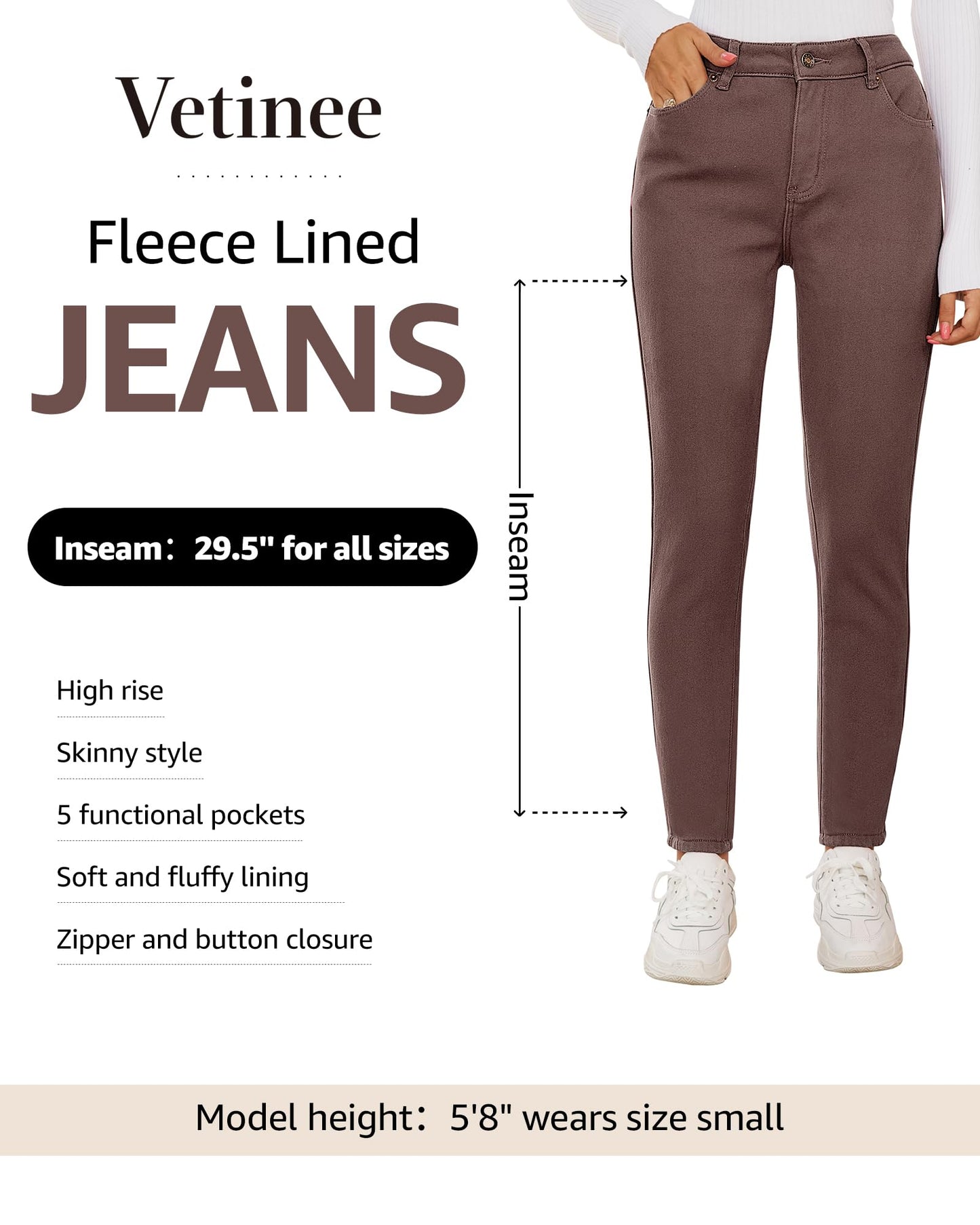 Vetinee Fleece Lined Jeans for Women High Waisted Skinny Winter Warm Slim Fit Thermal Jean Pants Stretchy Denim Jeggings