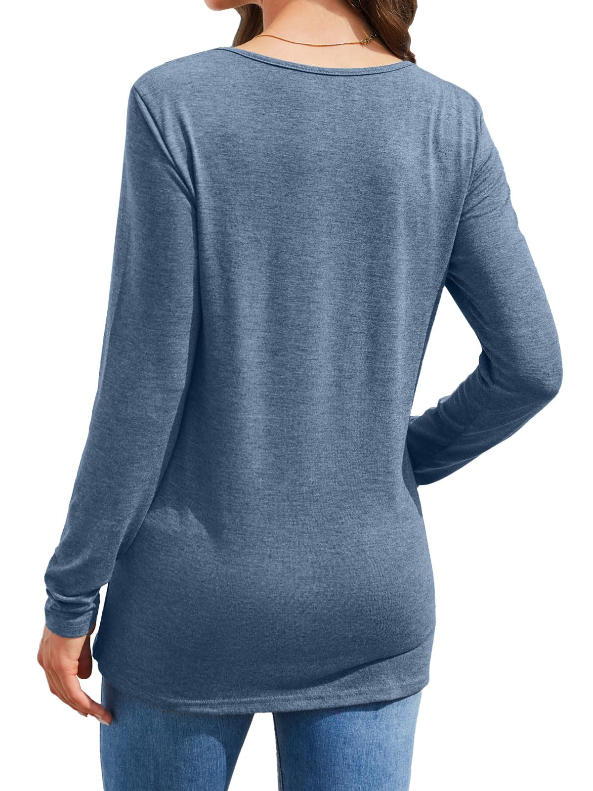 Womens Casual Long Sleeve Tunic Shirts Round Neck Button Side Blouses Tops