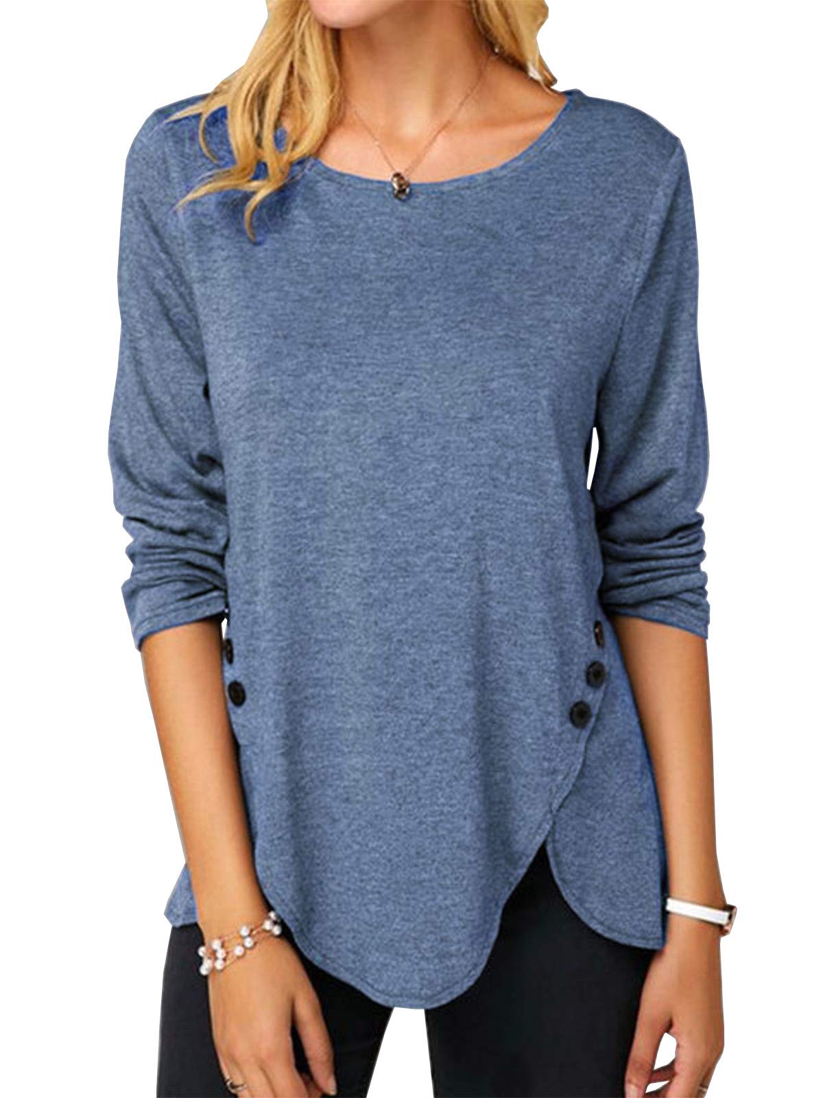 Womens Casual Long Sleeve Tunic Shirts Round Neck Button Side Blouses Tops