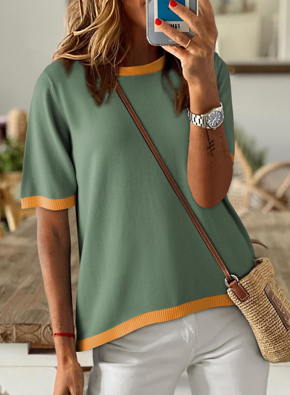 Womens Tops CasualCrewneck Short Sleeve Striped Color Block Knit Trendy Pullover Sweaters