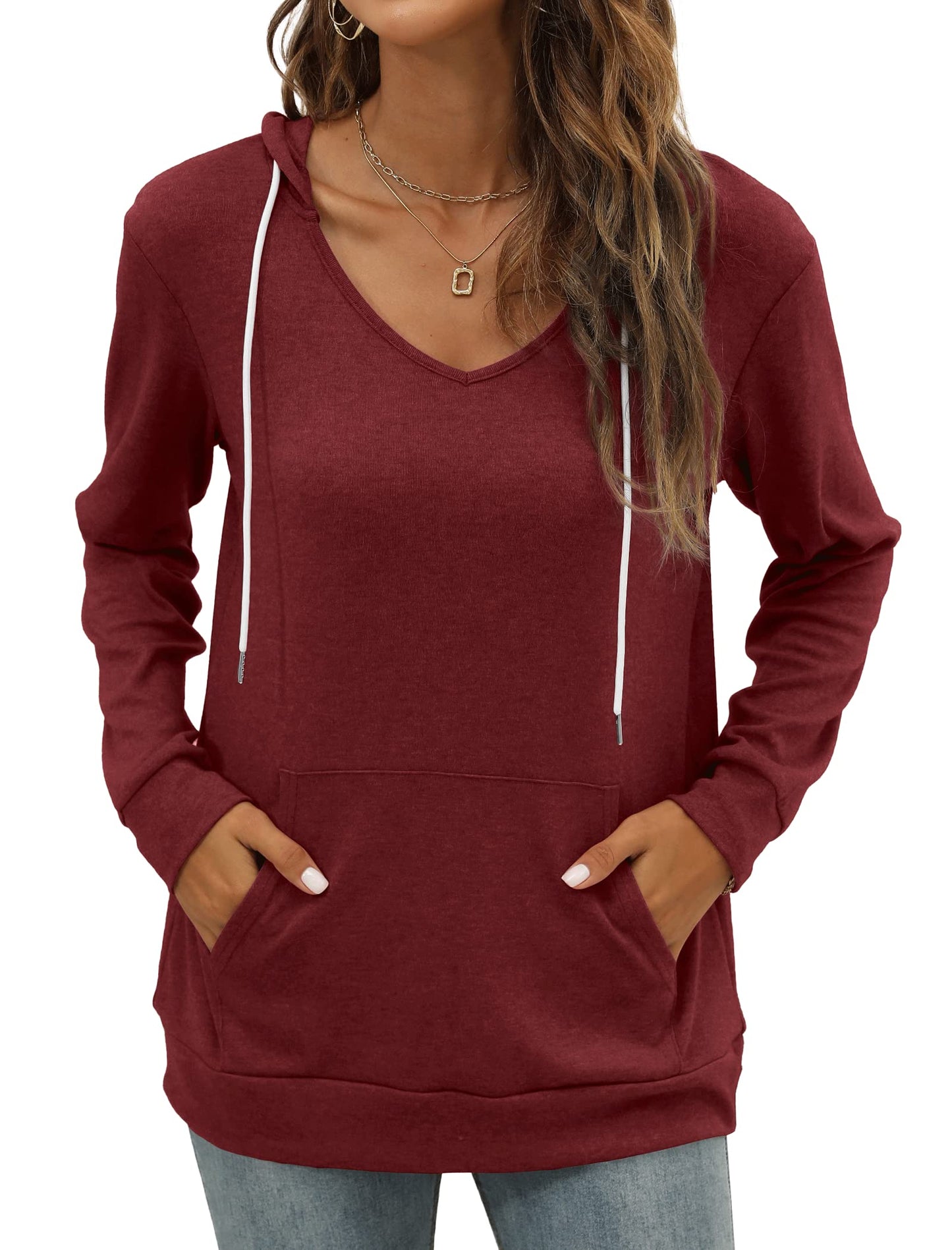 Pocket Hoodies for Womens V Neck Lightweight Sweatshirts Long Sleeve Tops