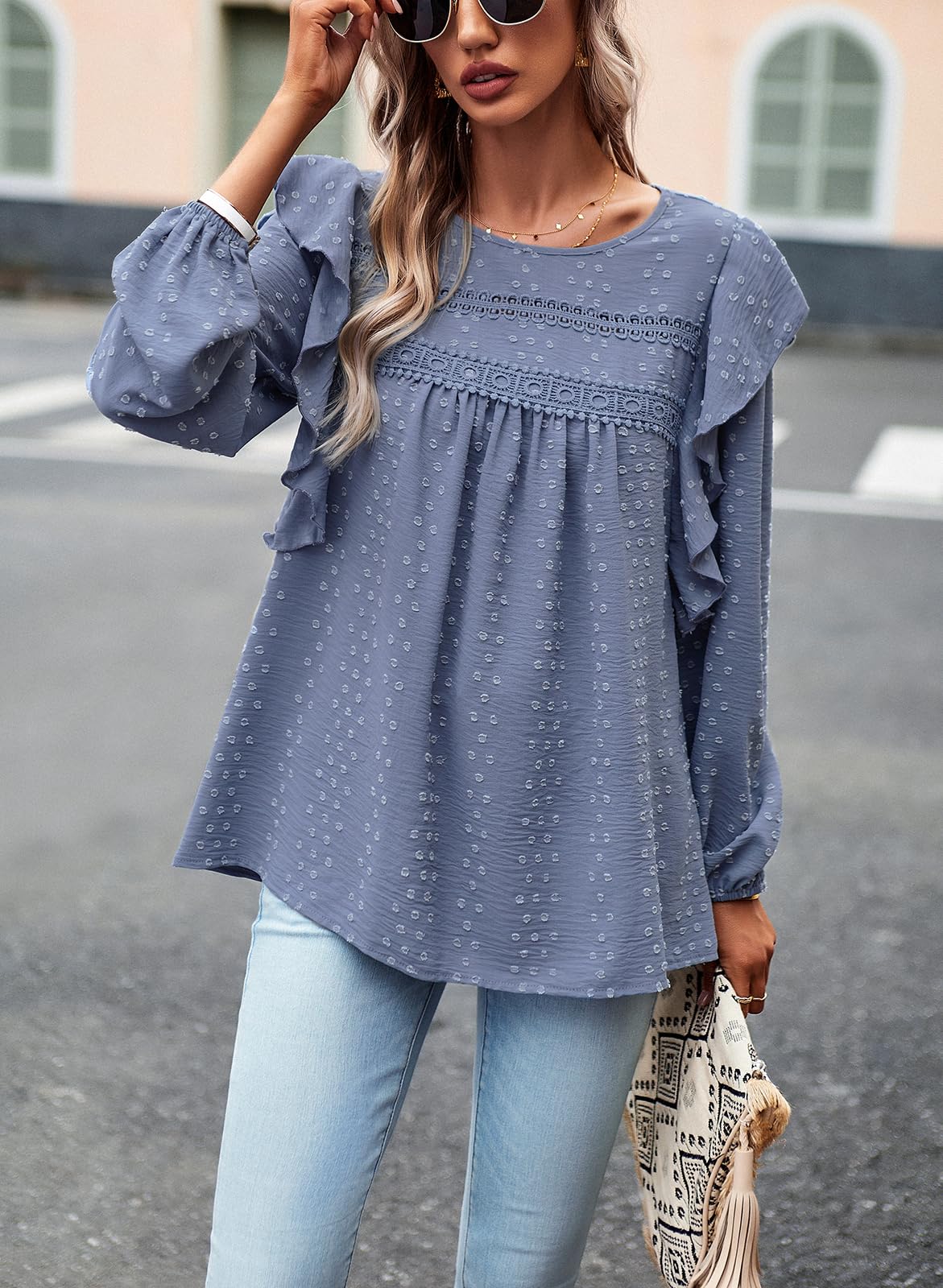 Women's Long Sleeve Blouses Ruffle Swiss Dot Crochet Loose Fit