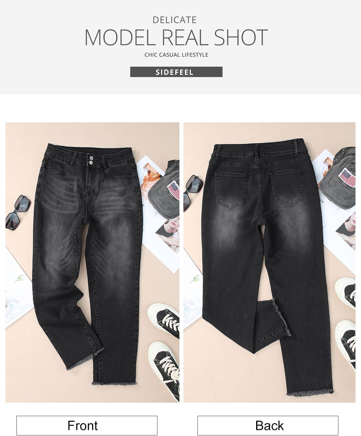 Women's High Waisted Jeans Strechy Raw Hem Straight Leg Denim Pants with Pockets