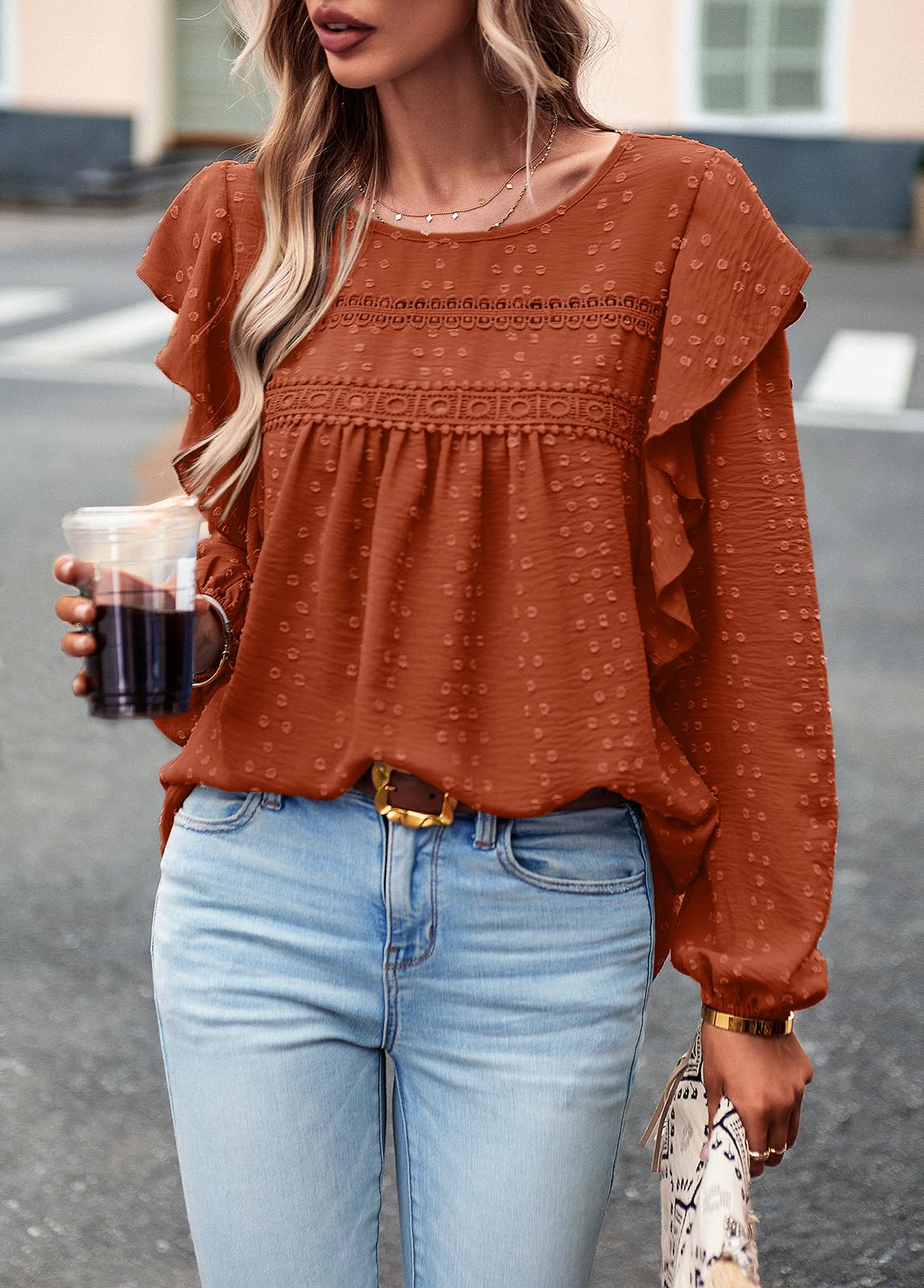 Women's Long Sleeve Blouses Ruffle Swiss Dot Crochet Loose Fit