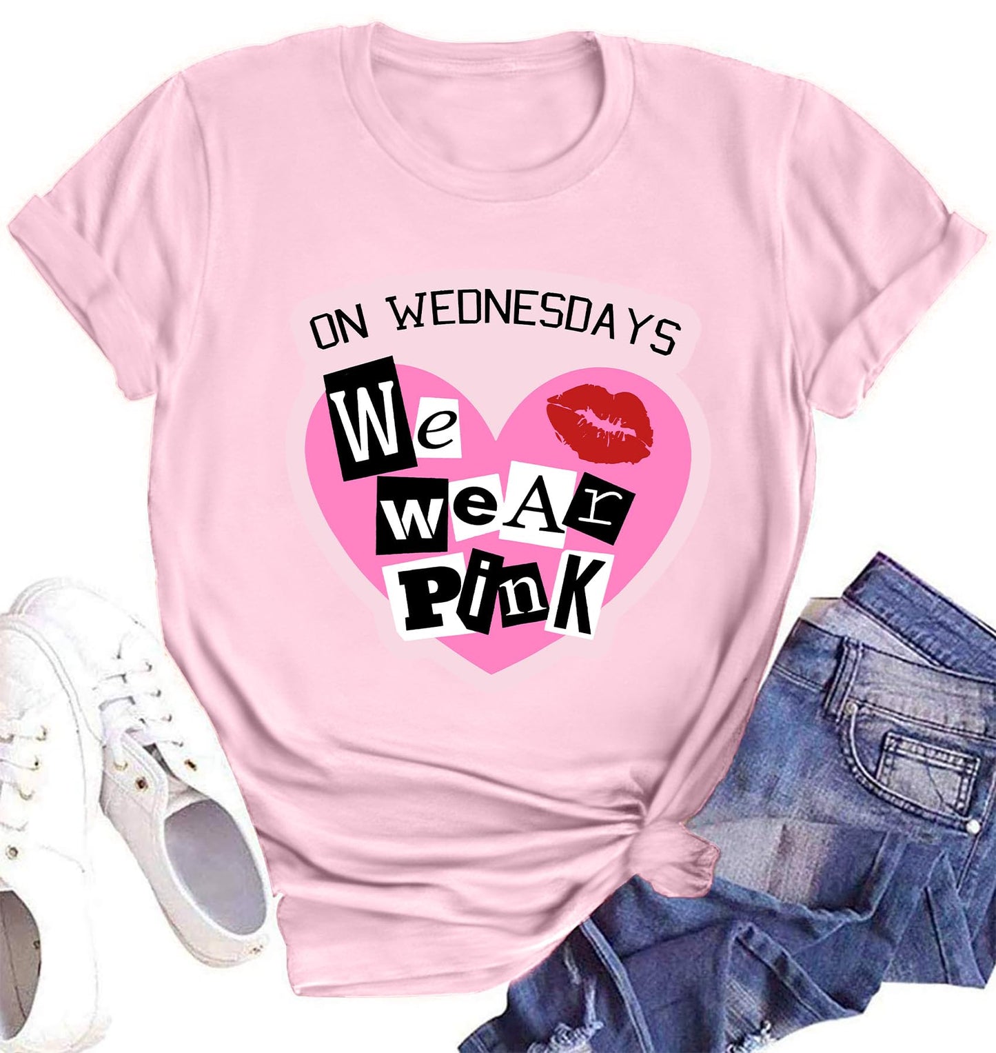On Wednesday We Wear Pink Shirt Women Breast Cancer T Shirt Short Sleeve Print Tees Gifts for Girls Matching Outfits Top