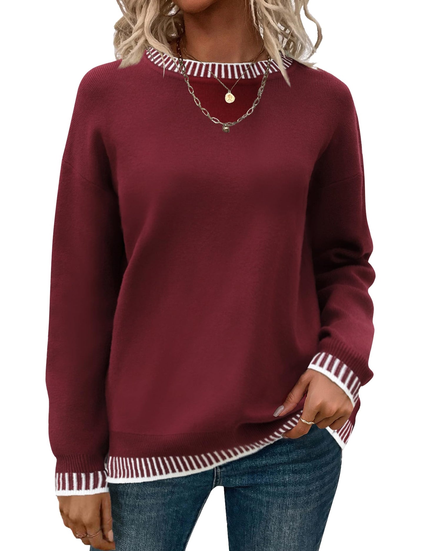 Womens Crewneck Pullover Sweater Long Sleeve Knit Side Slit