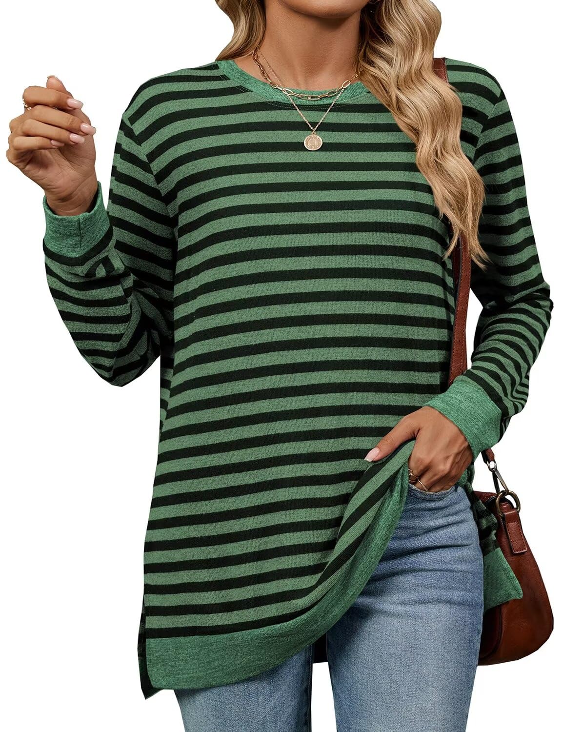 Womens Crewneck Pullovers Color Block Long Sleeve Side Split Tunic Tops